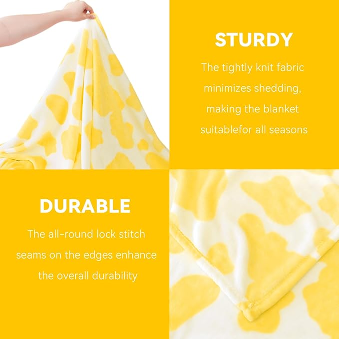 GEULAY Twin Size Fleece Blanket for Bed - Bright Lemon Yellow Cow Print Plush Cozy Throw for Couch, Bedroom, Living Room, Home Decor, Teens