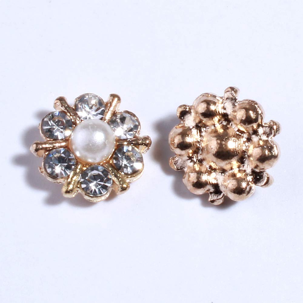 50PCS Silver Metal Pearl Crystal Rhinestone Buttons Embellishments with Flatback for DIY Hairbands Hair Accessories Wedding Invitation Bouquet (Golden)