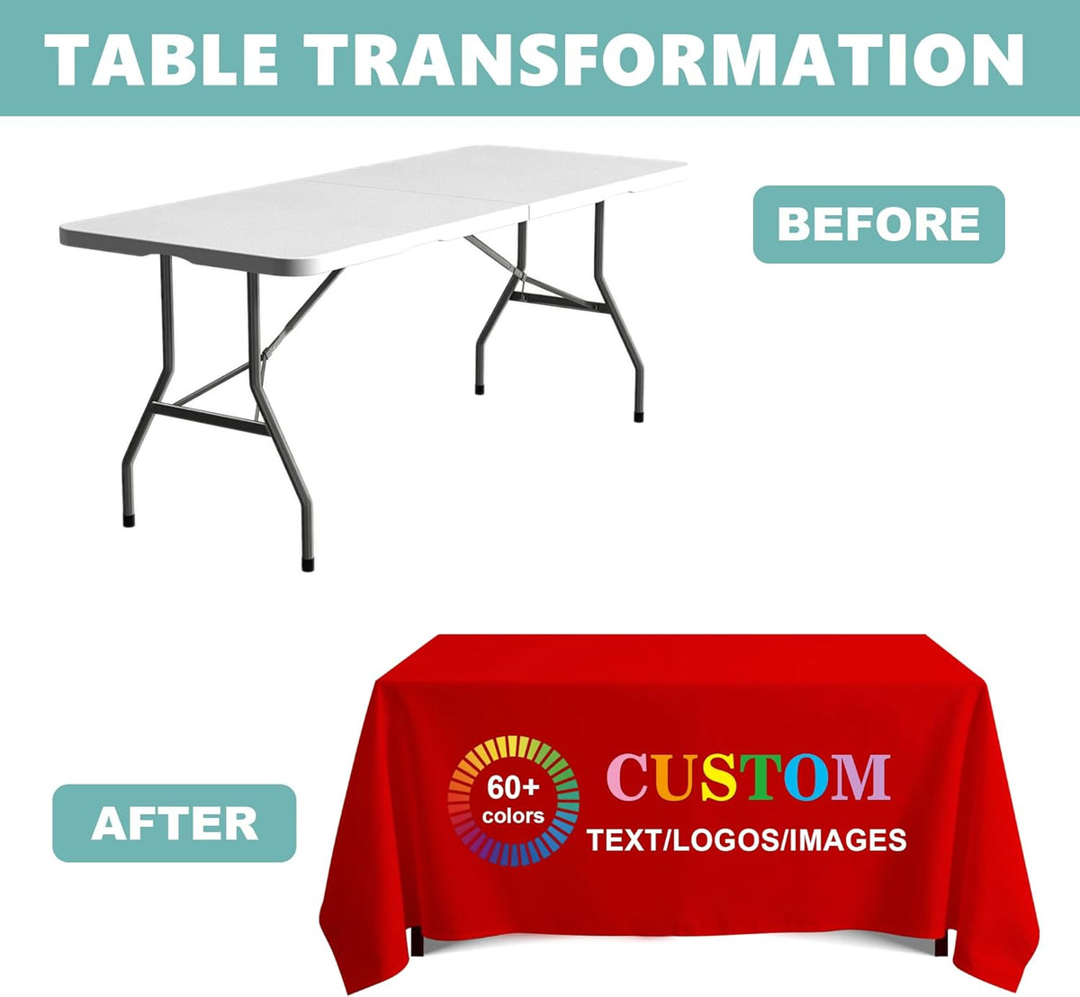 Custom Table Cloth with Business Logo, Personalized Table Cloth with Logo for 4FT 5FT 6FT 8FT 10FT, Ideal for Tradeshow Events, School, Associations, Birthday Party & Wedding (5FT Closed Back)