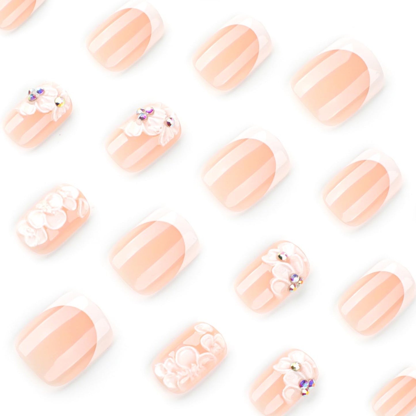 Handmade Press on Nails Extra Short Square MABKJLF White French Tip Fake Nails Embossed Flower False Nails with Floral Designs Full Cover Glossy Glue on Nails Acrylic Nails for Women Girls 24 Pcs