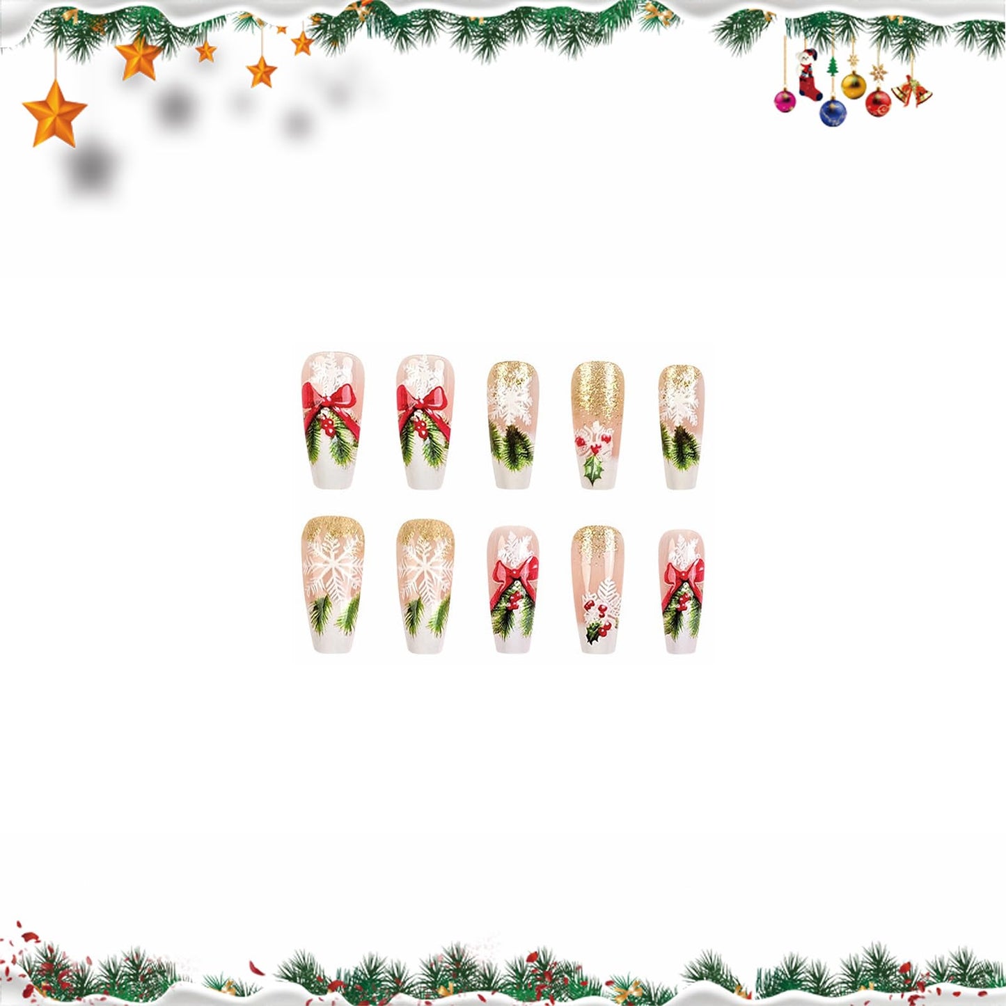 MISUD Press on Nails - Long Coffin Fake Nails with Bling Gold Glitter, Acrylic Xmas Snowflake Design 24 pcs