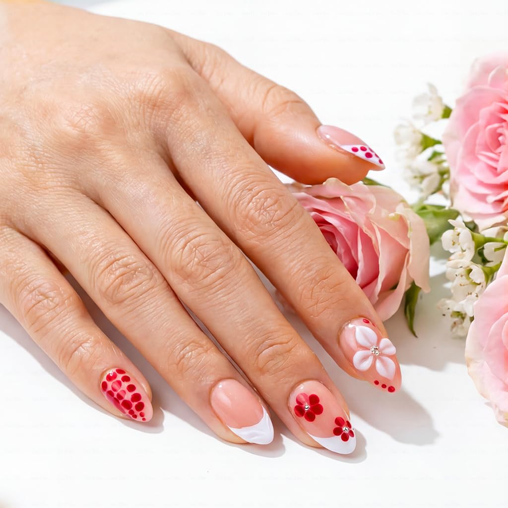 IntoVibes 10 Pieces Handmade Short Almond Press On Nails, Pink Thickened False Nails, Red Dots And 3D Flower, Reusable Fake Nails Almond, Reusable Acrylic Nails (M)