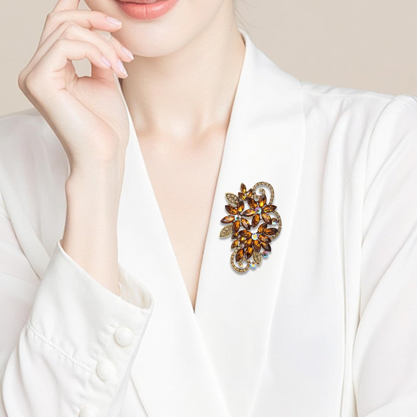 YOQUCOL Vintage Brown Austrian Crystal Rhinestone Flower Shape Brooch Pin For Women