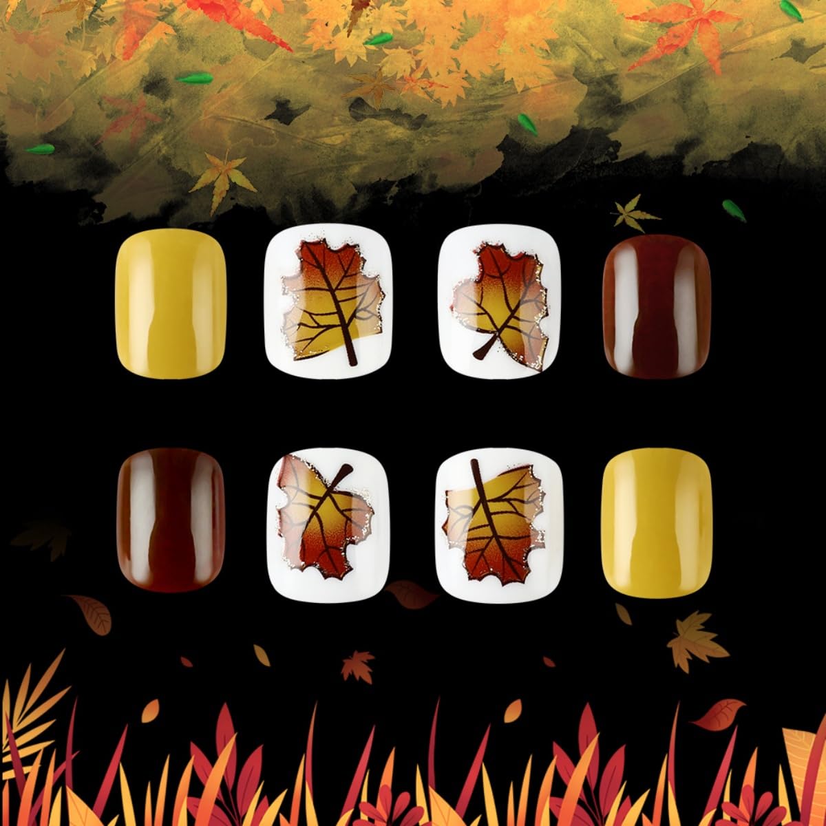 24Pcs Thanksgving Press on Nails Short Square Fake with Nails Maple Leaves Design Stick on Nails Cute Fall False Nails Glossy Artificial Full Cover Acrylic Glue On Nail for Women Girl Manicure