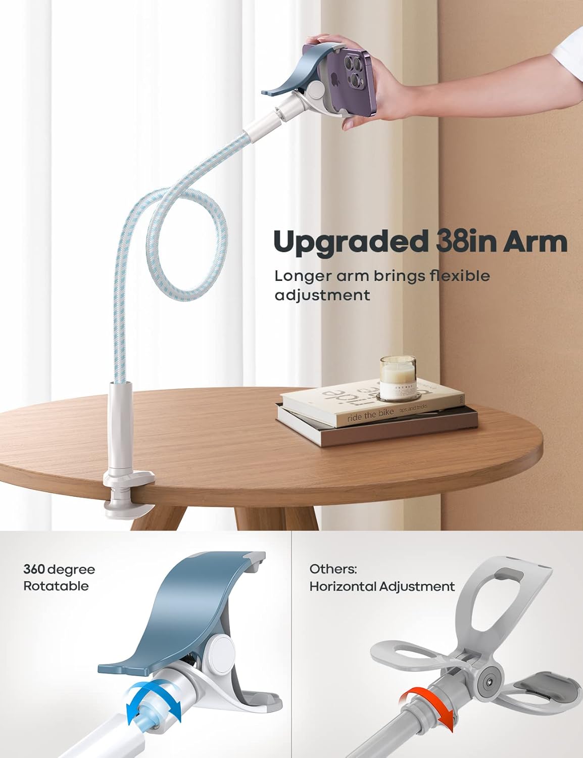 Lamicall Gooseneck Phone Holder Bed - [Nylon Braided] Flexible Arm, Overall Length 38inch, 360 Adjustable Clamp Clip, Overhead Cell Phone Mount Stand for Bed, Blue White