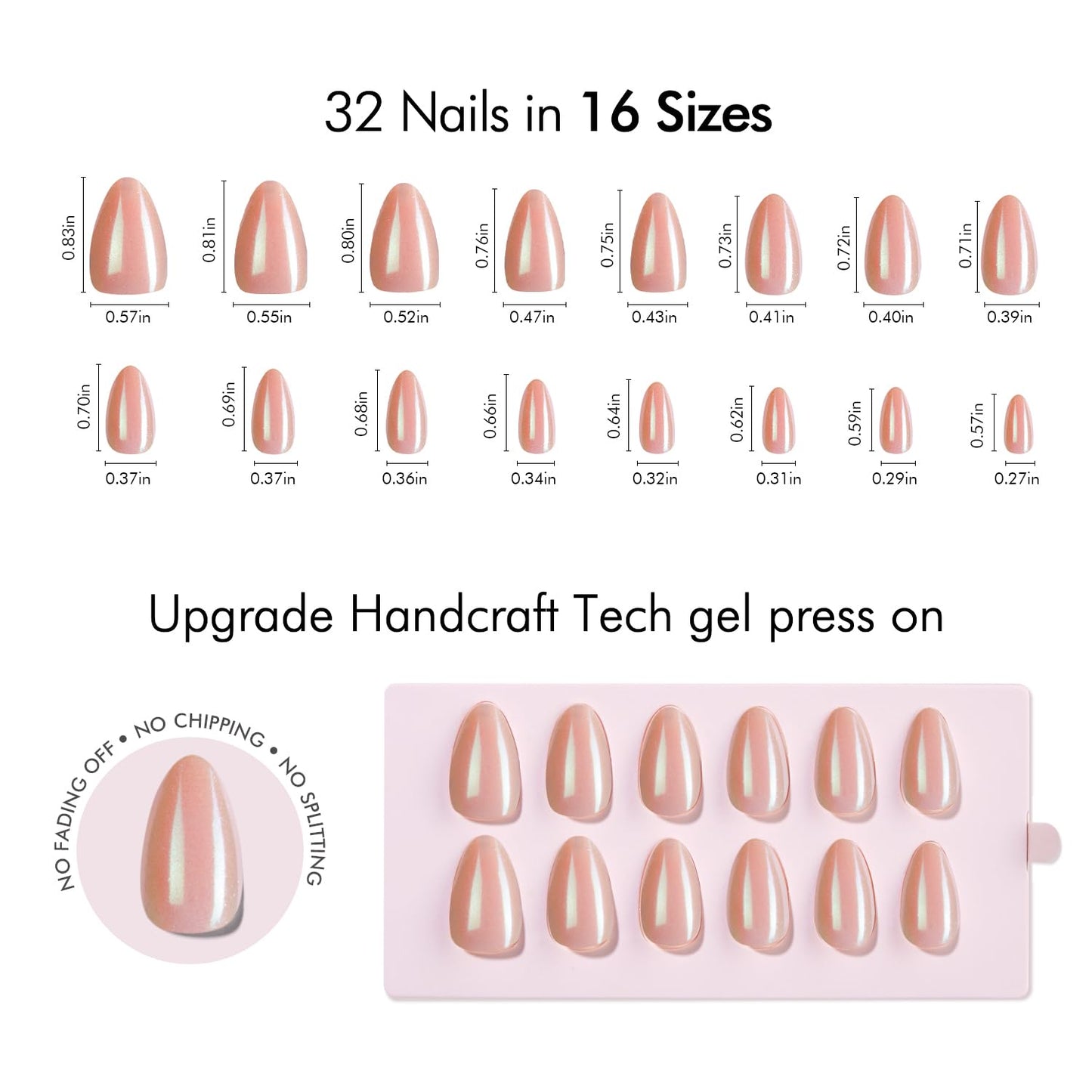 VSALON Press On Nails Short Almond, Nude Pink Pearl Chrome Shimmer Fake Nails With UV Glue, Reusable Stick On Nails Acrylic Neutral Glazed Donut Spring Glue On Nails in 16 Sizes - 32 Nails Kit