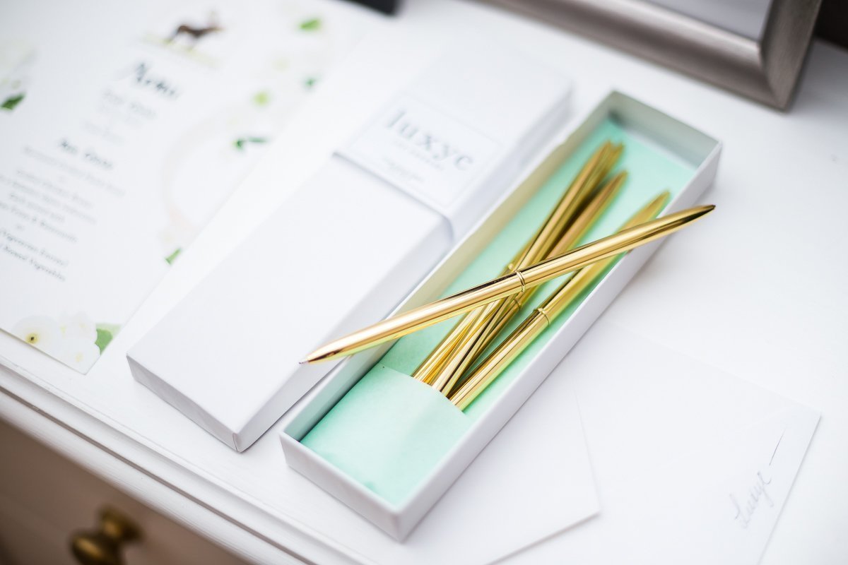 Luxury Ballpoint Gold Pen Set of 6 in Glossy White Gift Box | Gold/Black Ink Office Pens for Women & Men - Slim, Nice Writing Pens