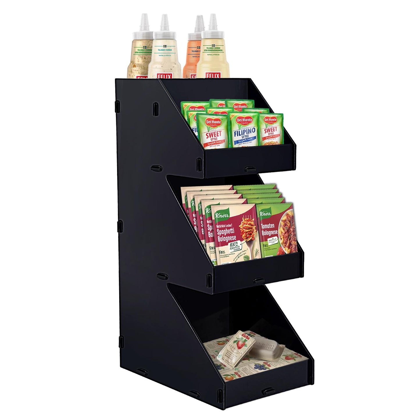 Sauce Packet Organizer, Suitable for Organizing Ketchup Packets, Condiment Packets, and Hot Sauce Pack, 3-Tier Design with Straw Holder, Easy Assembly Space-Saving Kitchen Storage, Made of Acrylic