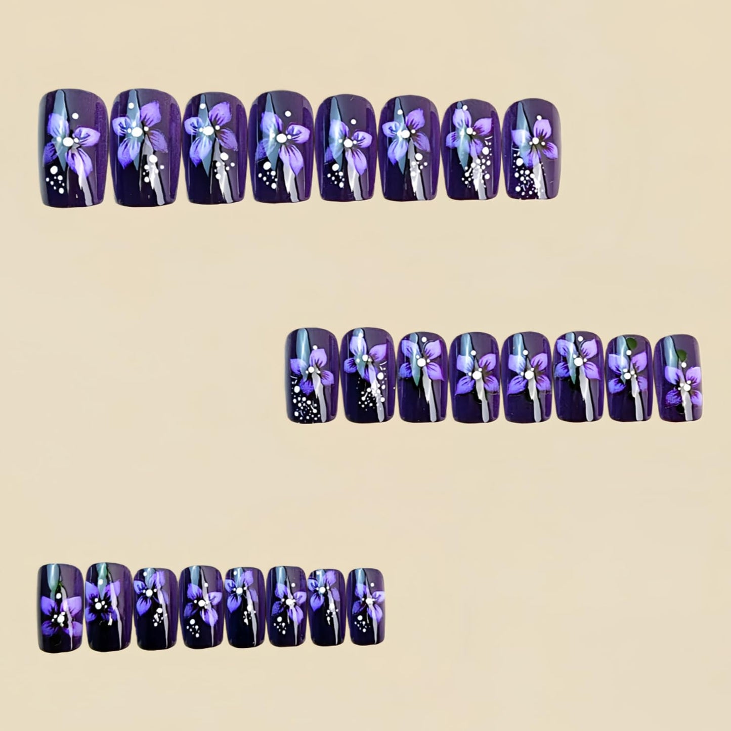 Purple Flower Press on Nails Medium Square Fake Nails with Floral Designs Black False Nail Full Cover Glossy Acrylic Artificial Fingernails Spring Summer Stick on Nail for Women 24Pcs
