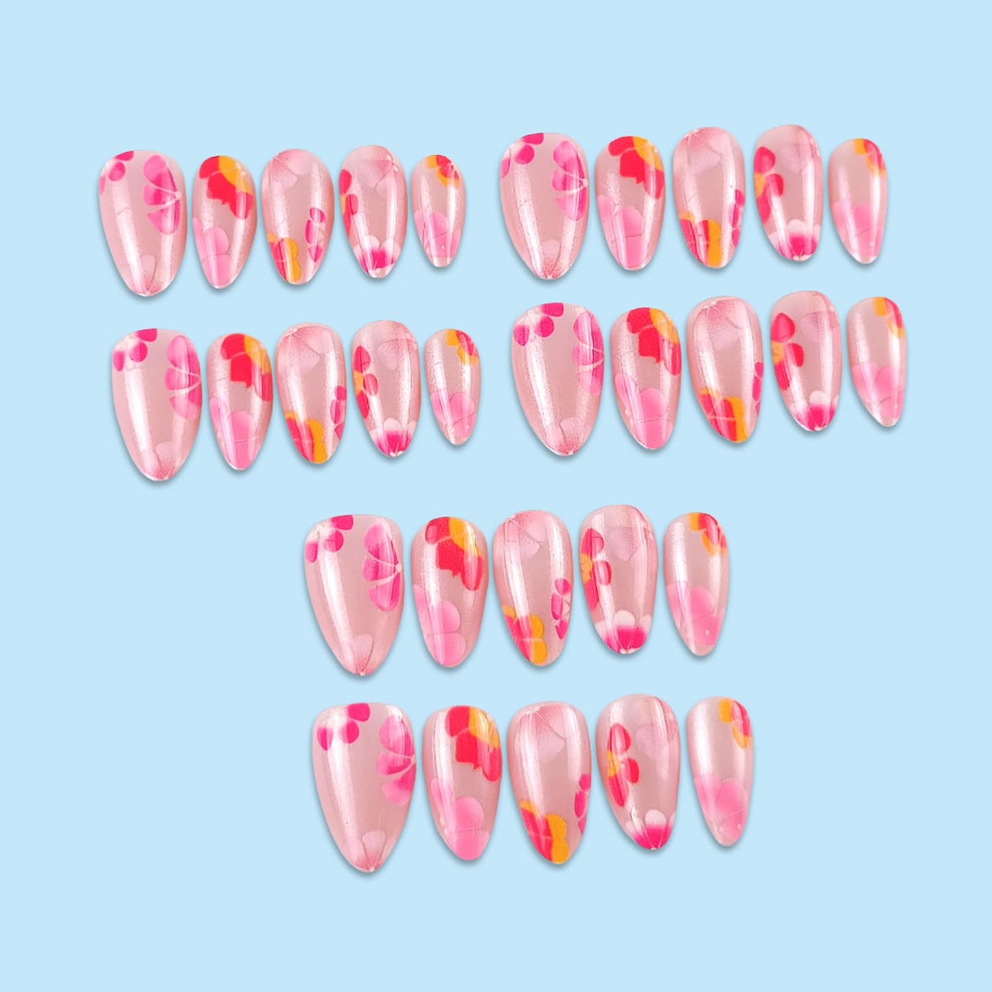 Medium Length Press on Nails Almond Fake Nails Glitter Pink False Nails Flower Reusable Acrylic Nails Glossy Full Cover Stick on Nails with Design Press ons Nails for Women 24 Pcs