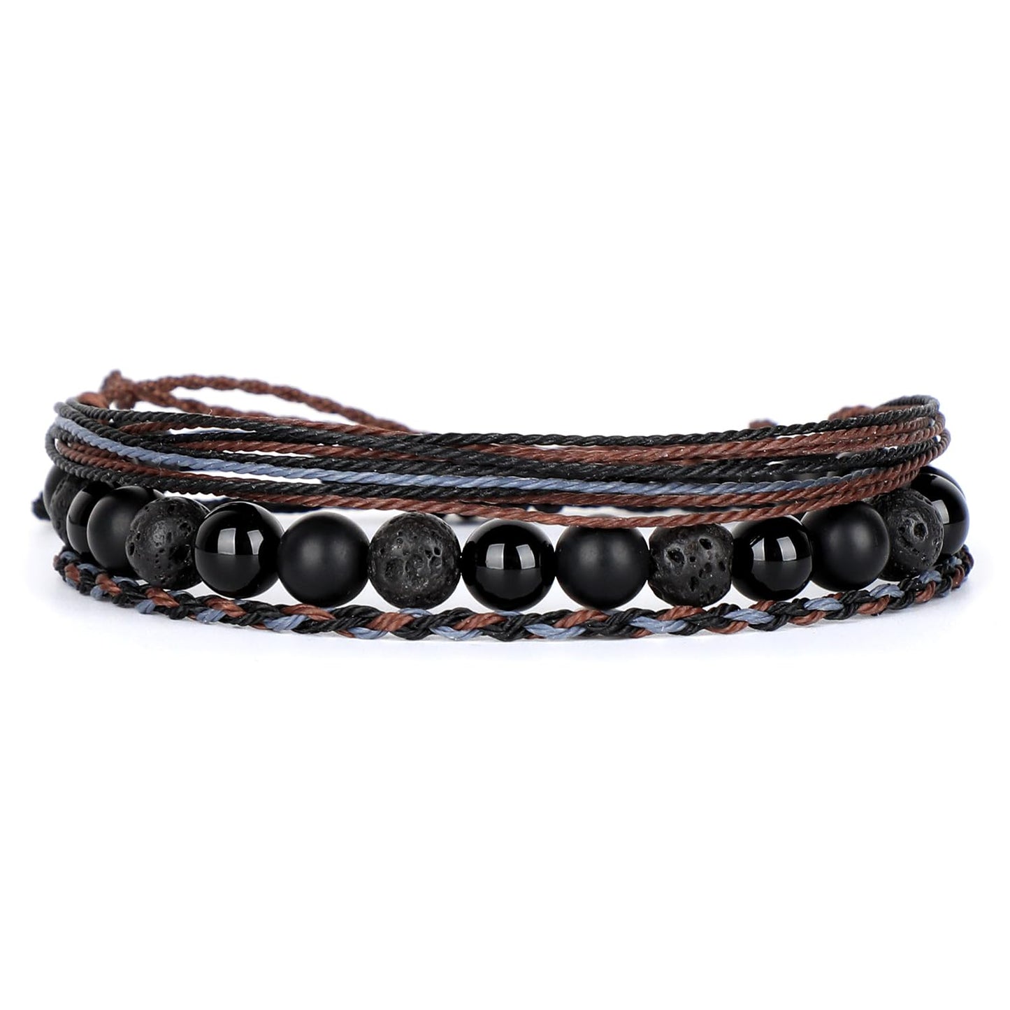 QOGIR Handmade Healing Bracelets,8mm Natural Black Onyx Black Lava Beaded Bracelet,for Men Women Gifts with 2PCS Size Adjustable Rope Bracelets