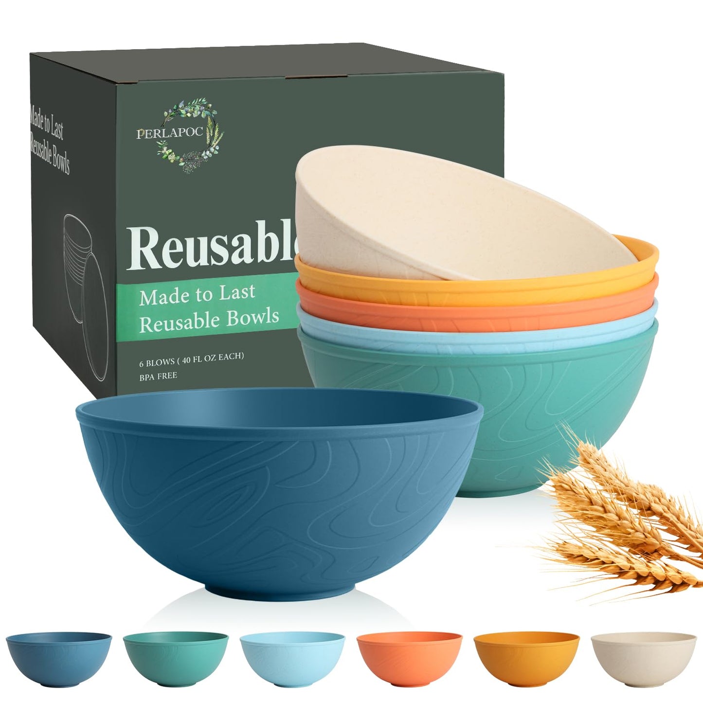 Perlapoc Unbreakable Large Cereal Bowls 40 OZ, Wheat Straw Bowls Set of 6, Alternative Plastic Bowls for Kitchen, Outdoors, Microwave & Dishwasher Safe Bowl Set for Salad, Cereal, Soup, Ramen, Multi