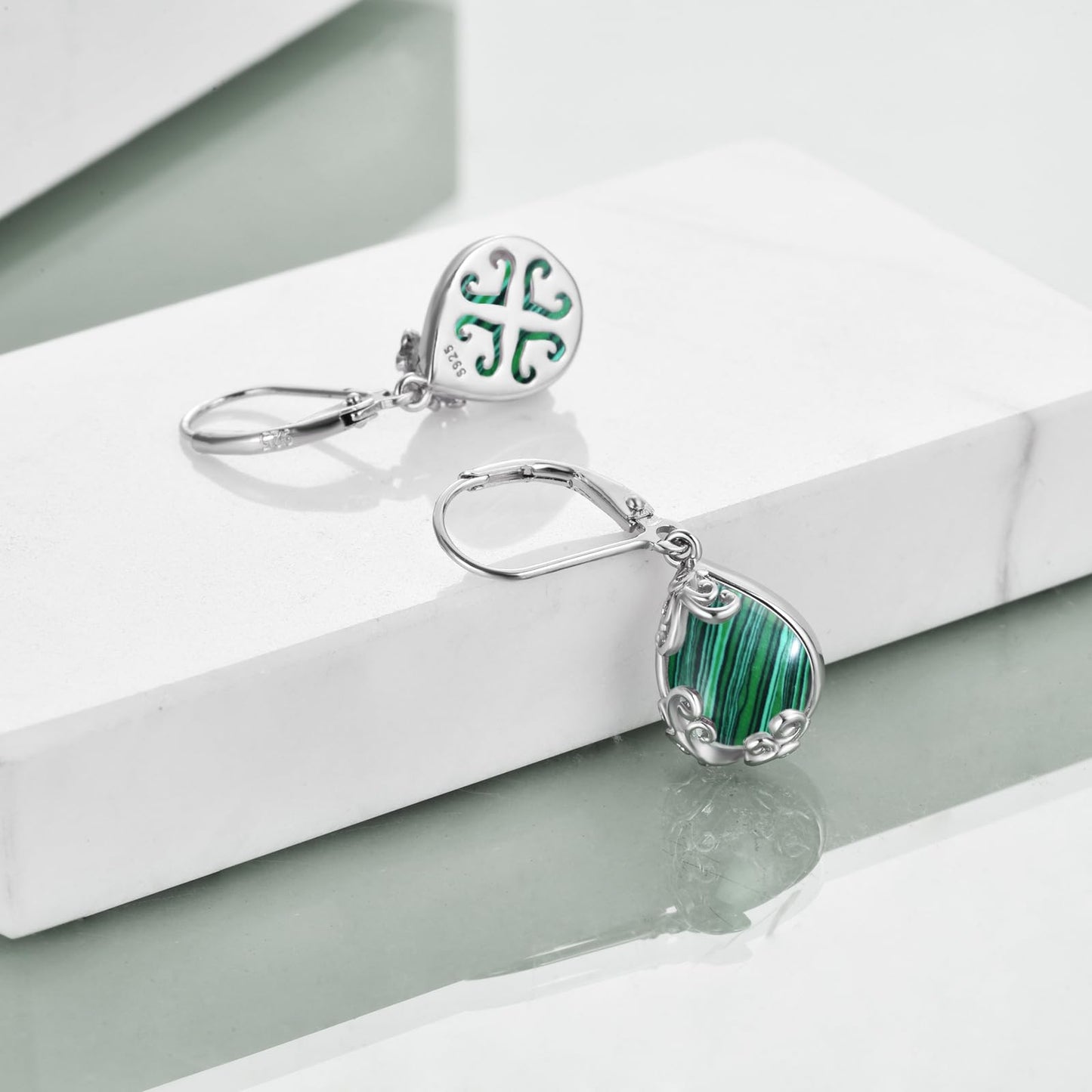POPLYKE Malachite Filigree Teardrop Drop Dangle Earrings Sterling Silver Leverback Earrings Malachite Jewelry Gifts for Women