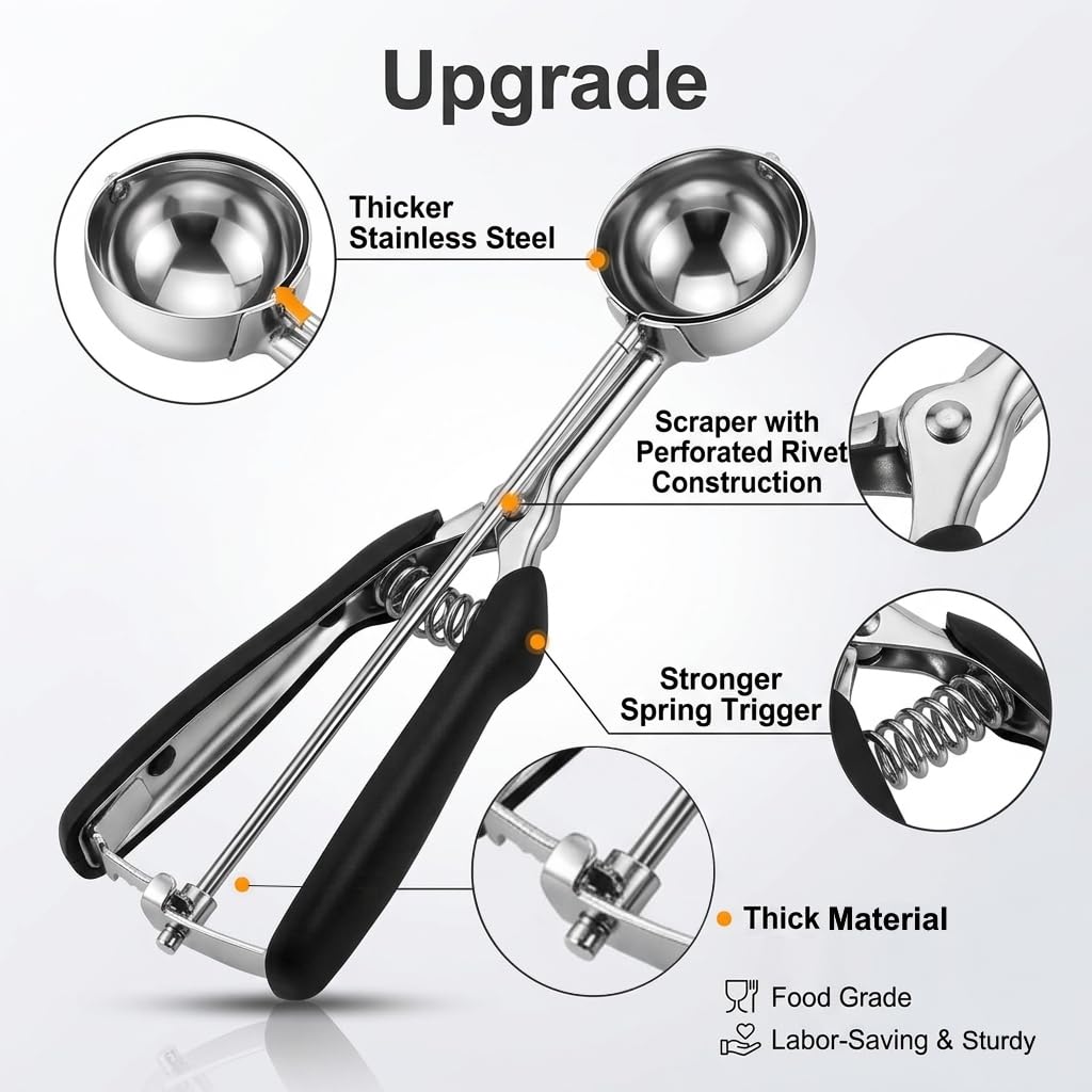 Cookie Scoop Set, 3Pcs Ice Cream Scoop, Cookie Scoops for Baking Set of 3, 18/8 Stainless Steel Cookie Scooper for Baking, Ice Cream Scooper with Trigger Release, Cookie Dough Scoop with Non-slip Grip
