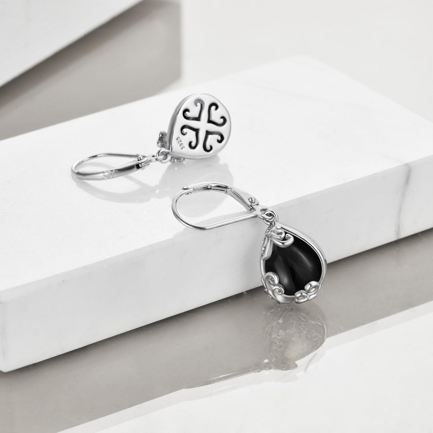 POPLYKE Black Tourmaline Filigree Teardrop Drop Dangle Earrings Sterling Silver Crystal Leverback Earrings Jewelry for Women