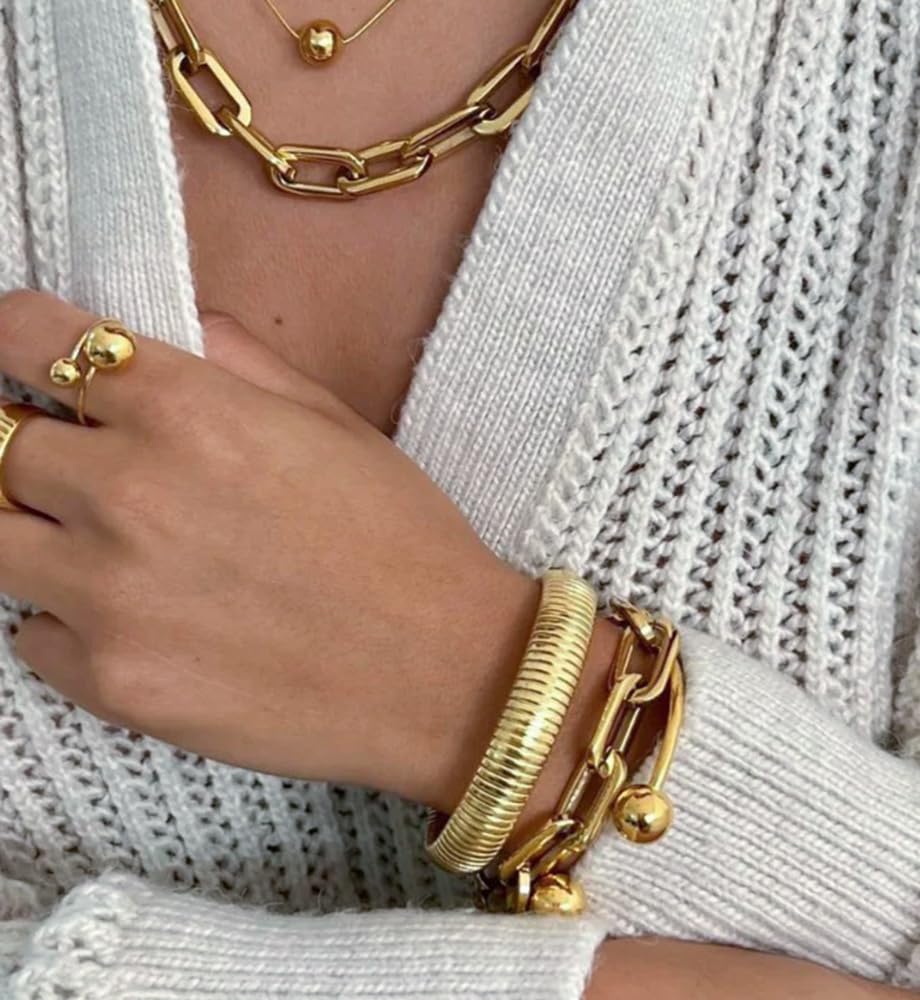 Chunky Gold Bangle Bracelets for Women, Dainty 14k Gold Plated Stackable Chain Bracelet Set, Trendy Statement Cuff Ball Bangles Stack Jewelry