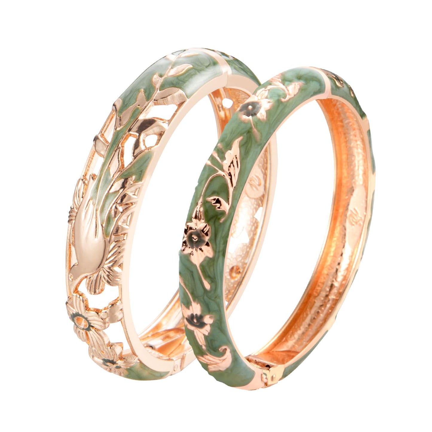 wynameleri Vintage Jewelry Cloisonne Handcrafted Enameled Gorgeous Rhinestone Flower Gold Hinged Cuff Bracelet Bangles Gifts 88A31-55A81 green