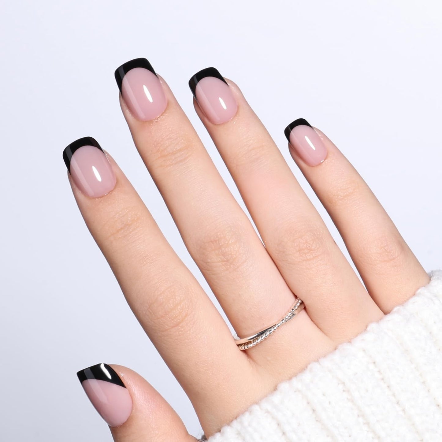 Leefrei Black French Tip Press On Nails - Short Square Press On Nails, Reusable Glue On Nails with Natural Fit, 30 Pieces 15 Sizes False Nail Kit for Women, Black French Tip - Square