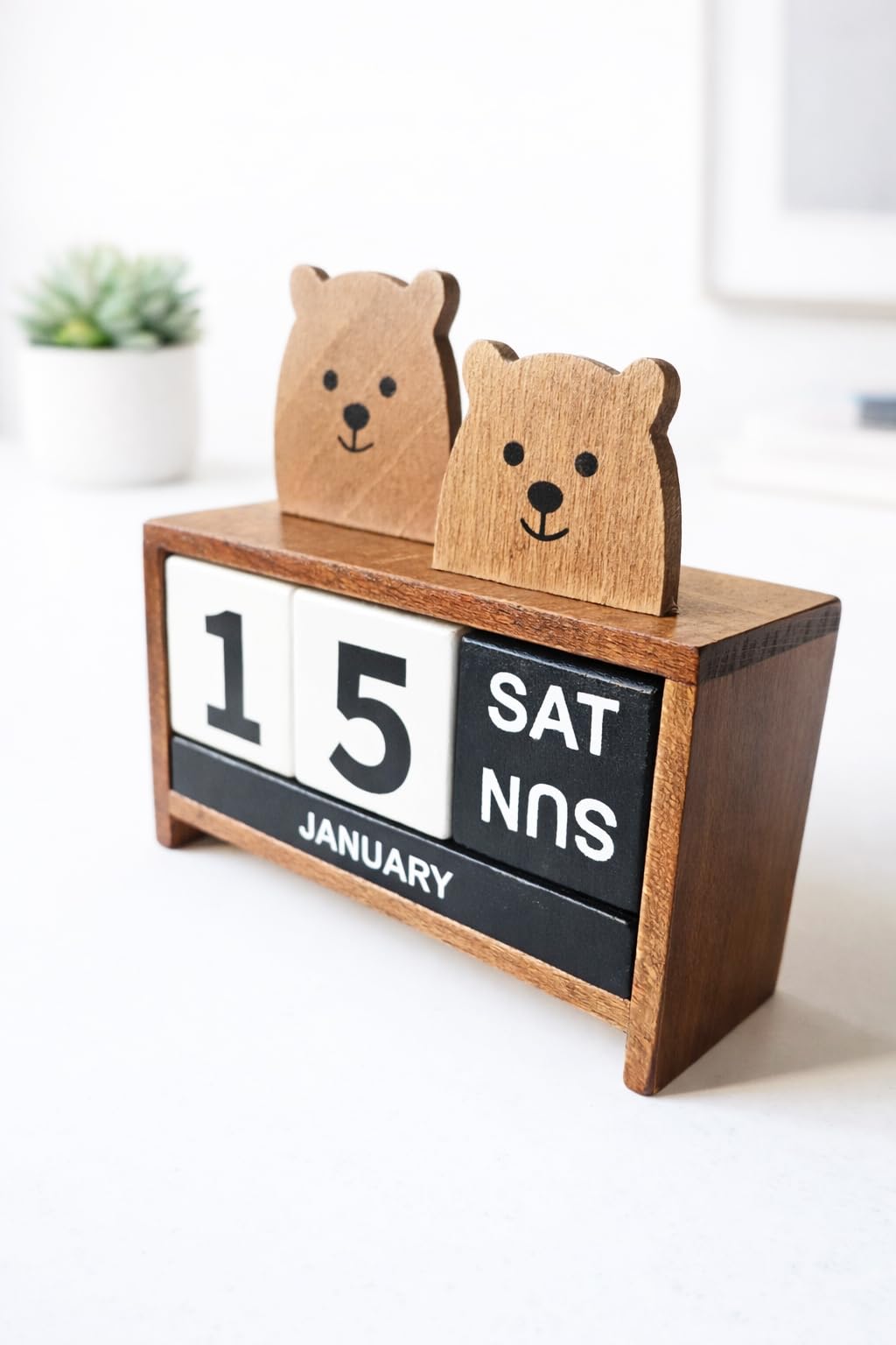 Wooden Perpetual Block Calendar for Desk, Wood Month Date Display Blocks for Teachers, Students, Classroom, Rustic Farmhouse Office Decor, Desk Accessories （Two Cute Bears)