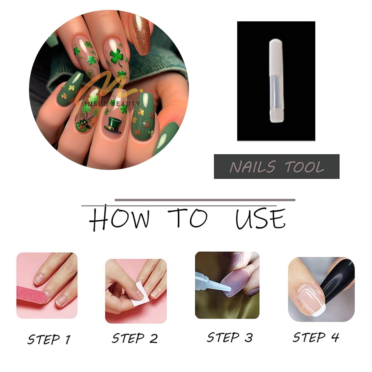 MISUD Press on Nails - Long Coffin Fake Nails with Green Shamrock, Acrylic Bling Gold Glitter Design 24 pcs
