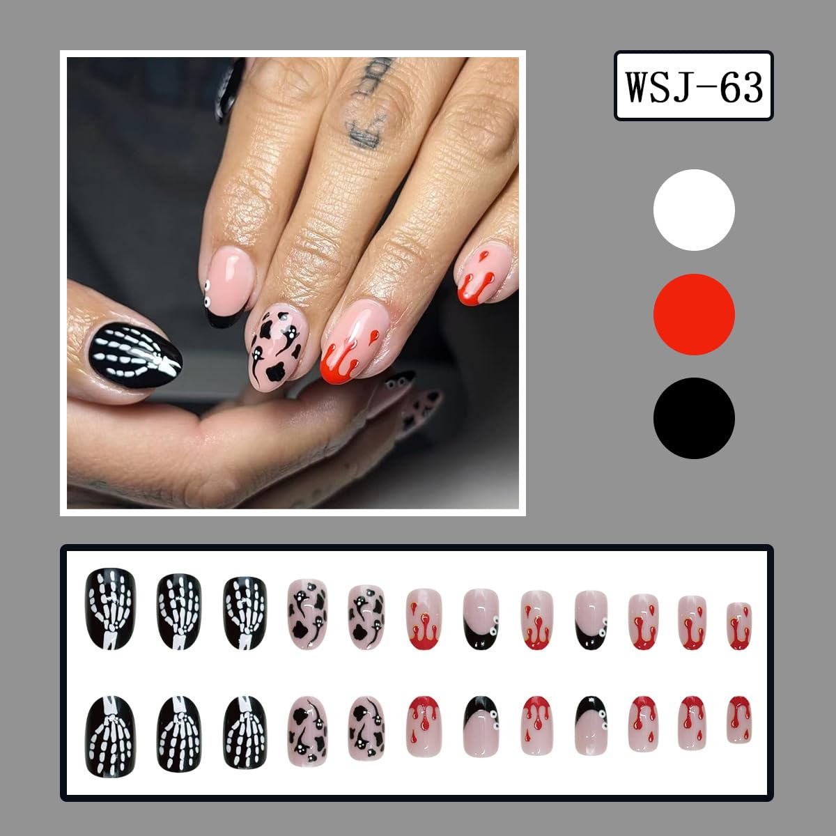 24Pcs Short Oval Press on Nails Halloween Almond French Tip Fake Nails with Blood & Ghost Halloween Skull Acrylic Stick on Nails Black Gradient False Nails for Women Girls