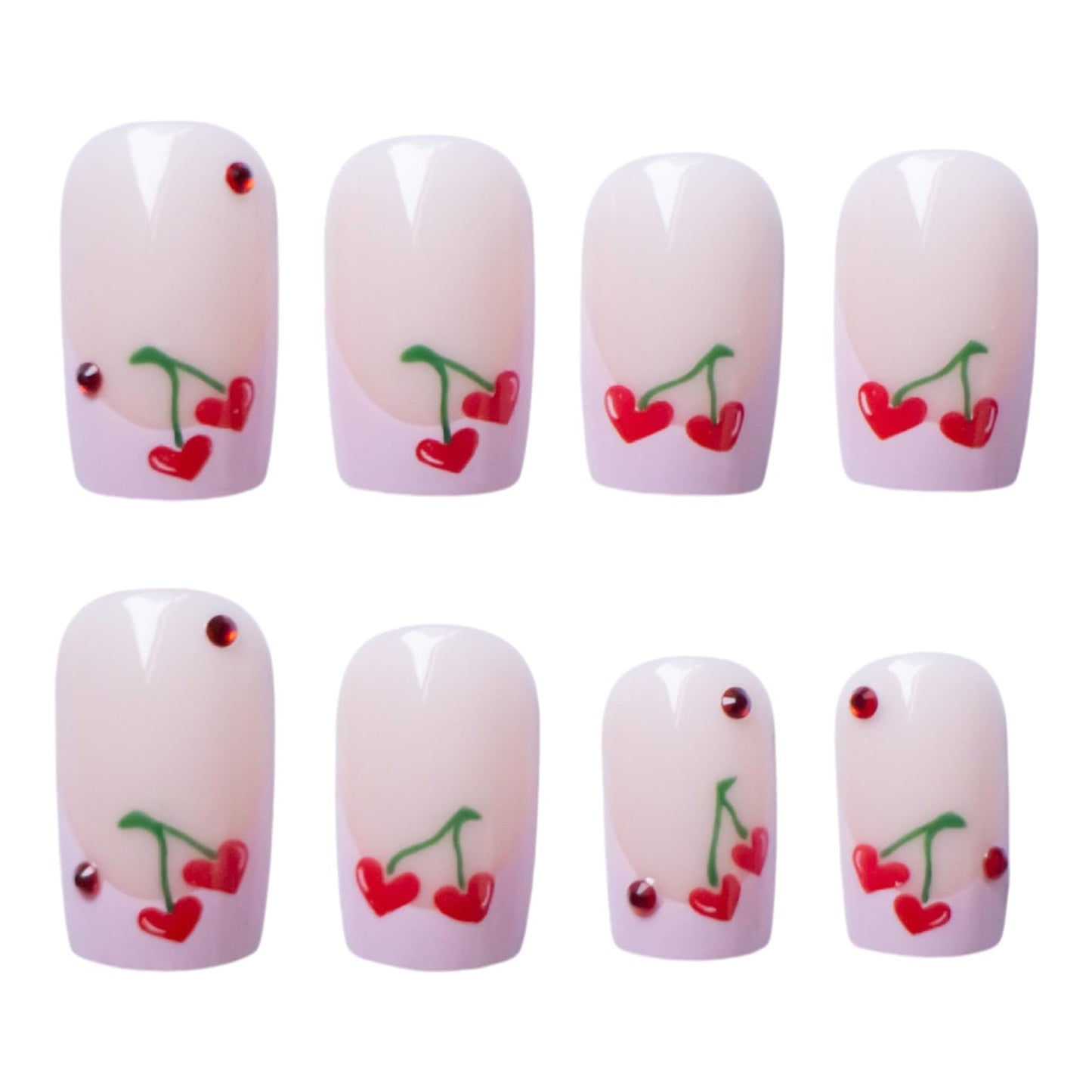 24pcs French Cherry Press-On Nails Short Square False Nails Red Cherry Heart Ruby Design Acrylic Glossy Red Rhinestone Nails for Valentine's Women's Nail Decoration
