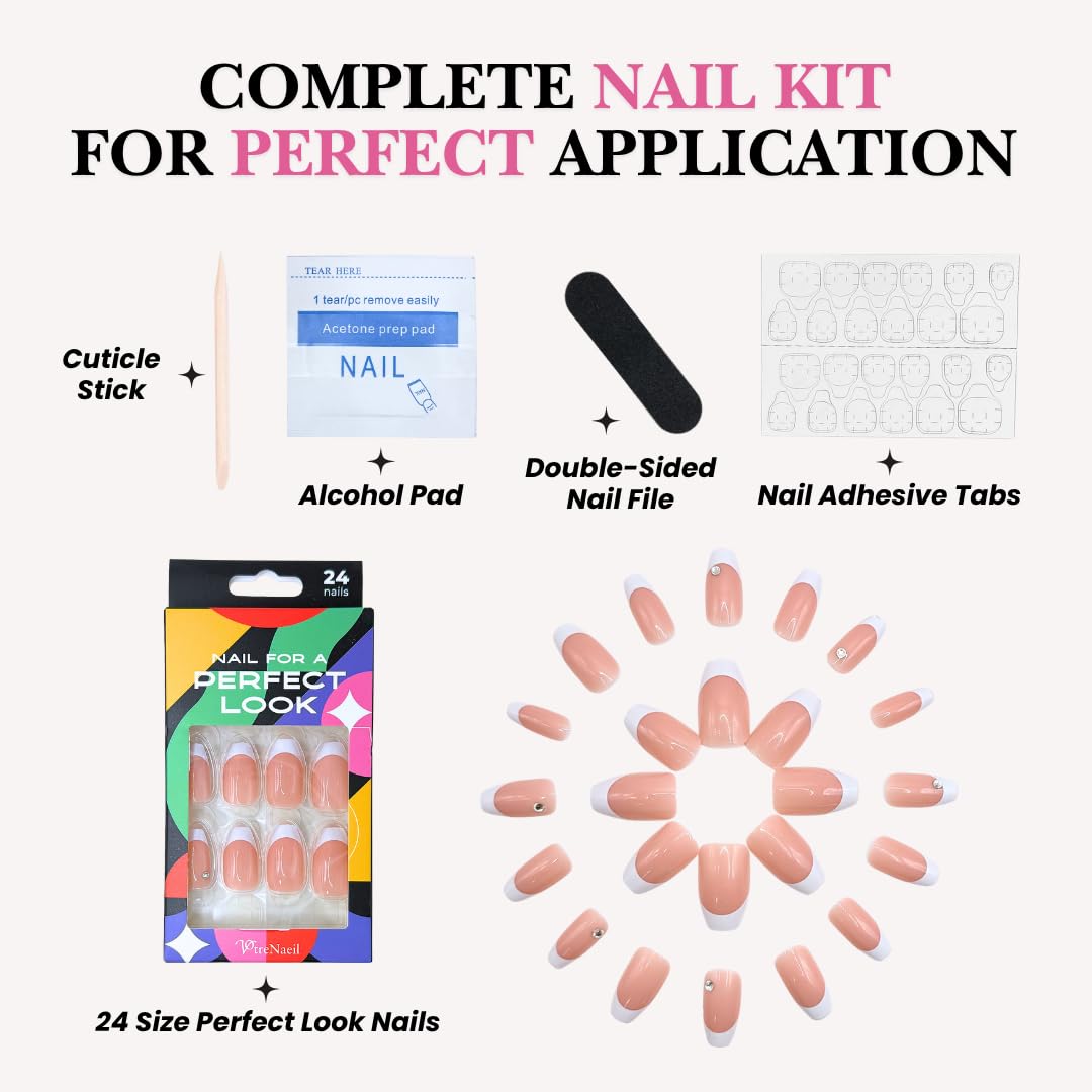 PerfectLook Press On Nails - Classic Diamond | No Glue Short Coffin Nude Nails with French Tips & Crystal Accents - 24 Pcs Nail Kit with Adhesive Tabs