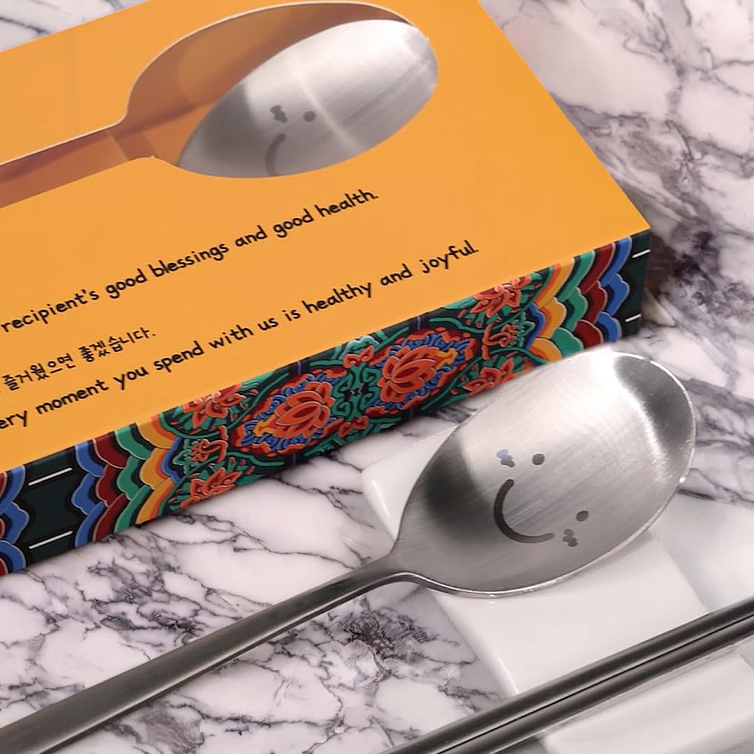 BAPMOO Korean Cute Happy Spoon and Chopsticks Set Long Handle Stainless Steel Good for Gift Hangul Characters Engraved Silver
