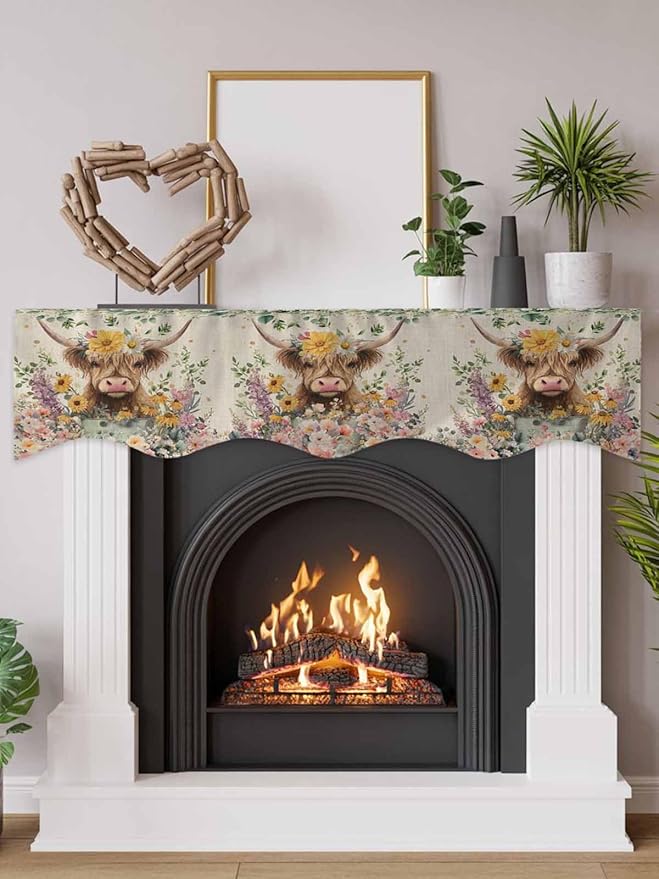 Spring Cow Floral Fireplace Mantel Scarf Table Runner, Green Eucalyptus Leaves Linen Winter Garland Mantel Top Tablerunners Dresser Scarves Cover Decorations for Windows Party Living Room 90''x17''