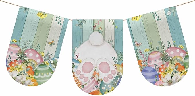 Cute Easter Bunny Banner 3Pcs Indoor Outdoor Hanging Banner Flag Eucalyptus Leaves Colorful Eggs Wooden Sign for Fireplace Mantel Decorative Bunting Garland Valance for Shop Door Decor 9.8"x15.8"