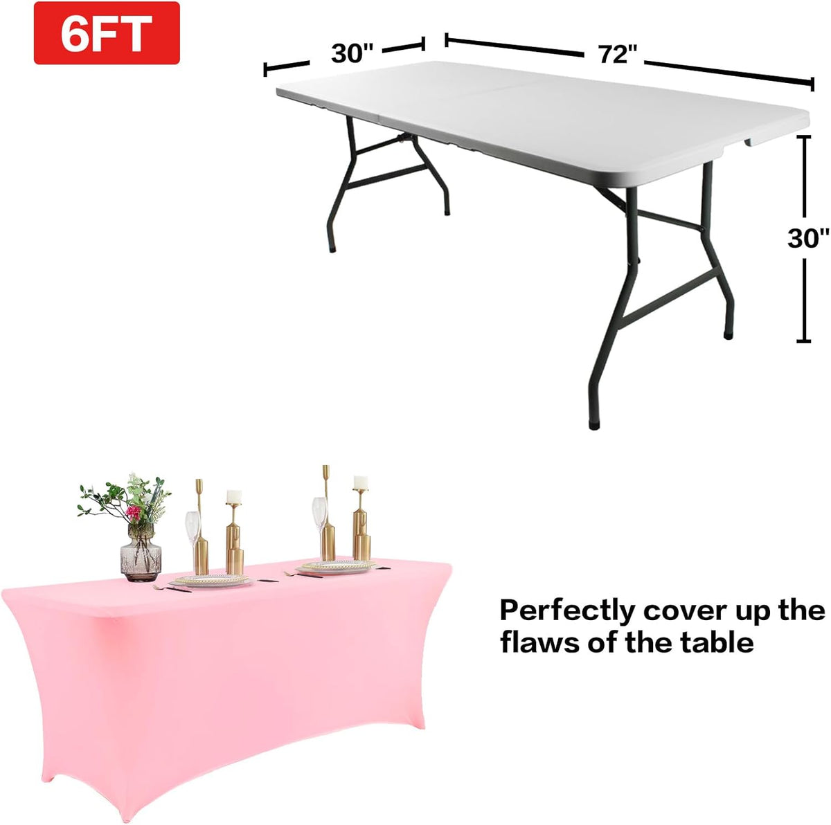 IVAPUPU 2 Pack 6FT Table Cloth for Rectangular Fitted Events Stretch Pink Table Covers Washable Spandex Tablecloth Protector for Party, Wedding, Cocktail, Banquet, Festival