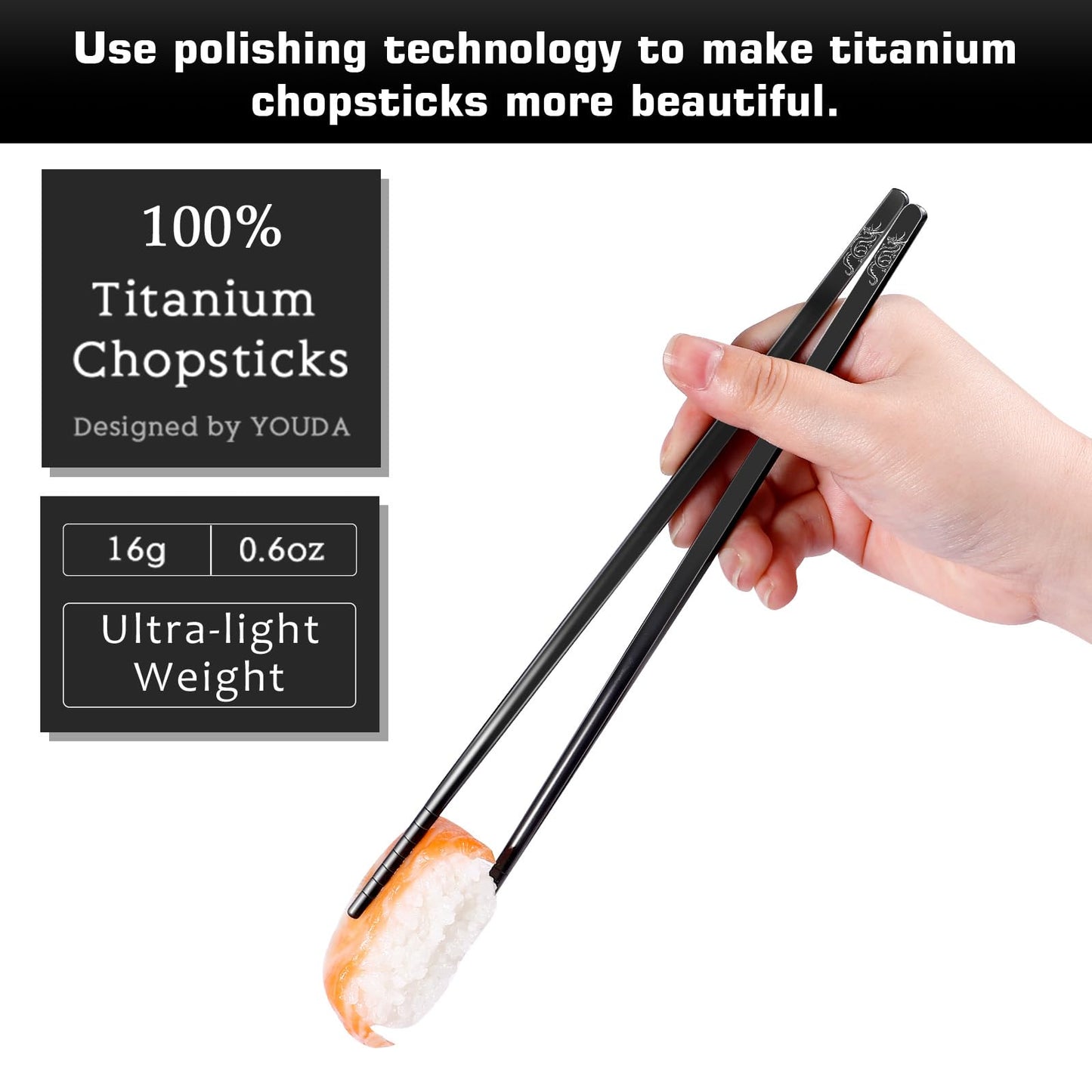 Youda 99.8% Pure TITANIUM Chopsticks 1 Pairs with Black Carrying Case Ultralight and Reusable Chopsticks for Camping, Home, Travel