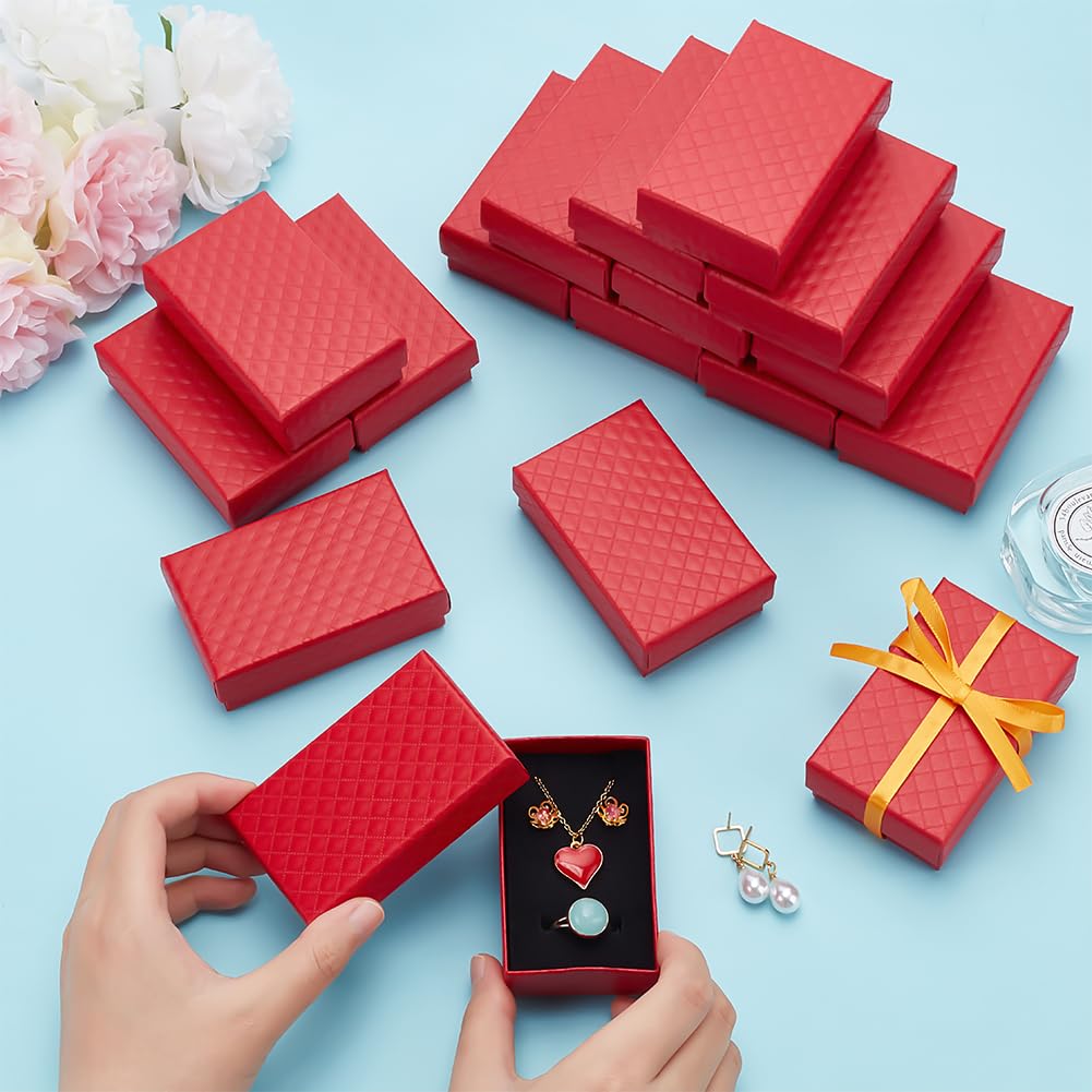 BENECREAT 24 Pack Jewelry Gifts Boxes 3x2 Inch Rectangle Cardboard Earring Necklace Storage Boxes with Velvet Sponge for Ring, Weddings, Birthdays (Red)