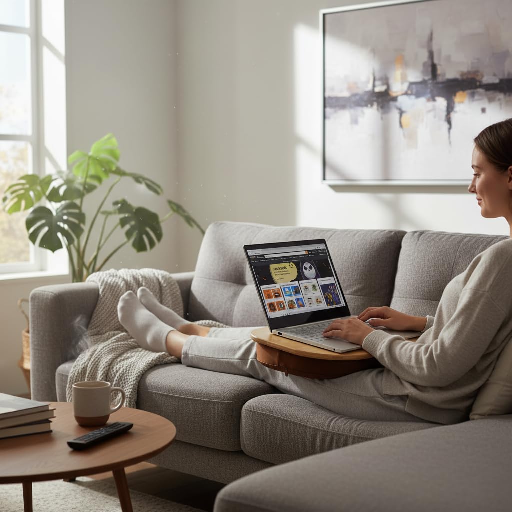 SANJIMO Lap Desk for Laptop with Cushion-Fits up to 15 inch, Bamboo Computer Laptop Stand with Phone Hoder, Anti-Slip Stopper