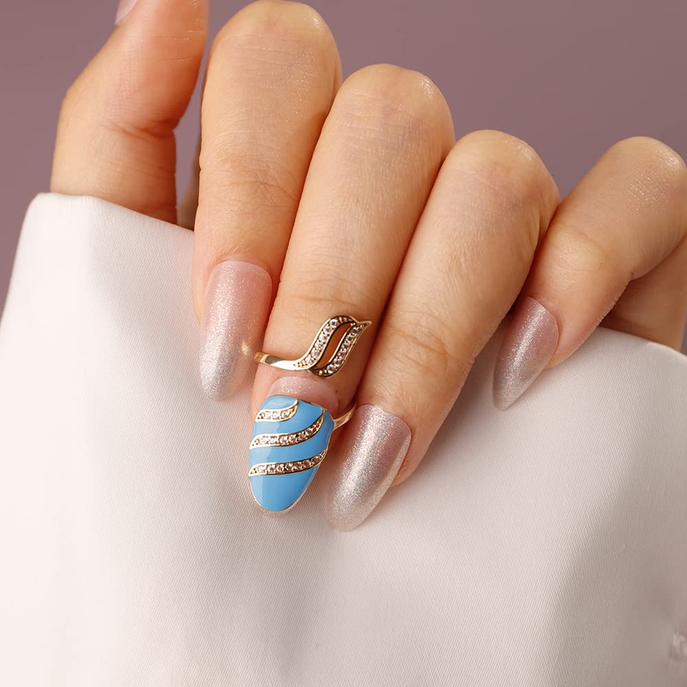Rumtock Statement Gold Fingernail Ring with CZ Rhinestones Blue Knuckle Nail Ring Maincure Finger Tip Jewelry for Women