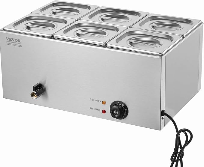 VEVOR 6-Pan Commercial Food Warmer, 14.3QT Electric Steam Table, 1200W Professional Countertop Stainless Steel Buffet Bain Marie with 86-185°F Temp Control for Catering and Restaurants, Silver