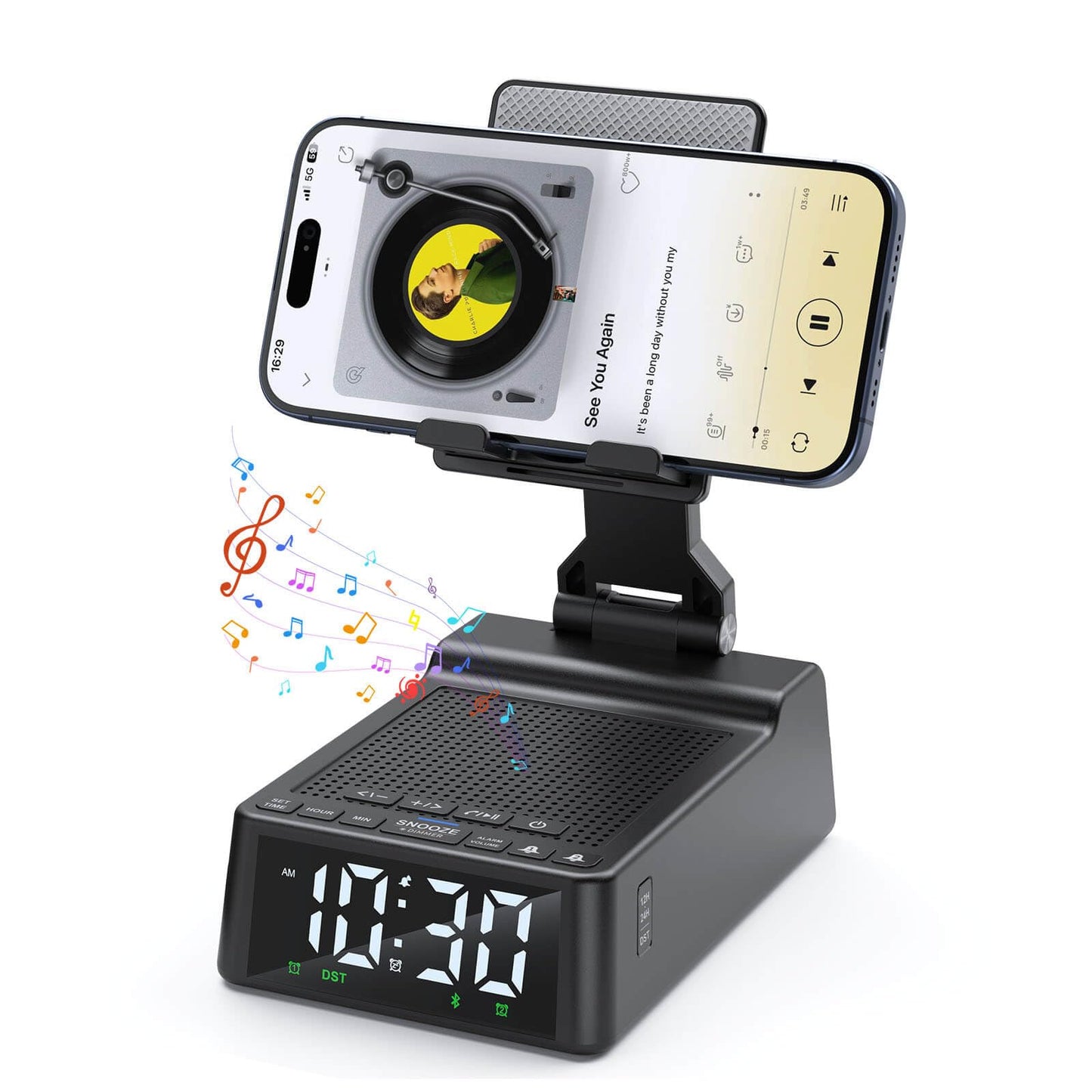 Birthday Gift for Women Men Dad Mom, Cell Phone Stand with Wireless Bluetooth Speaker and Alarm Clock, Adjustable Cellphone Holder for Office Home, HD Stereo Subwoofer Sound Fit for All Phones Tablets