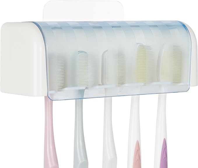 5 Slots Wall Mount Toothbrush Holder with Cover, Self Adhesive Toothbrush Storage Organizer for Shower, Toothbrush Hanger for Bathroom, Medicine Cabinet, Dorm(White + Blue)