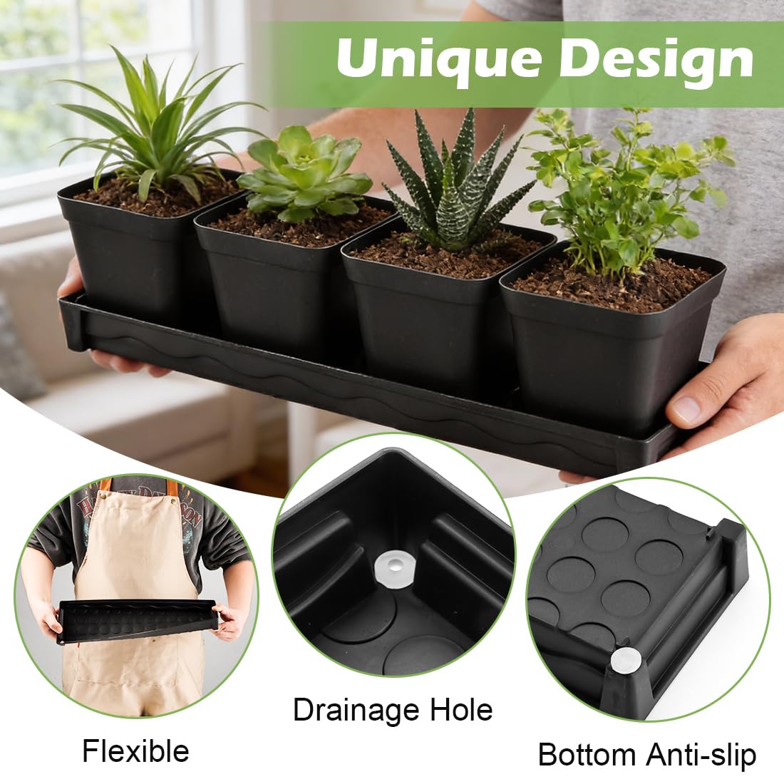 10 Pack Plastic Windowsill Plant Pot Trays (16"x5.5"x1.5"), Rectangular Window Sill Saucer with Removable Drainage Hole, Thick Plant Saucer Tray for 4 inch (10CM) Flower Seedling Pots (Black)