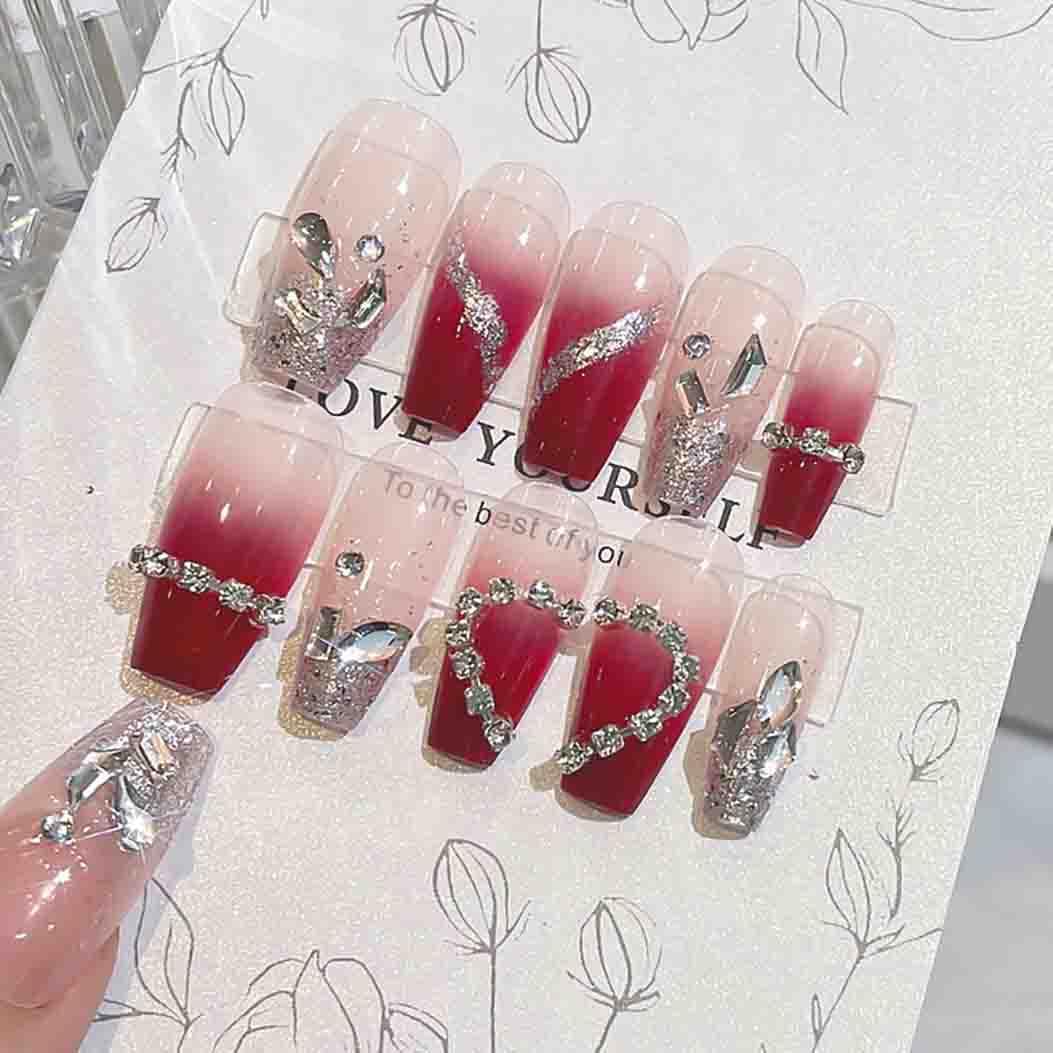 RikView Coffin Press on Nails Long Fake Nails with 3D Rhinestones Red Nails Glossy Full Cover Nails 24 PCs/Set
