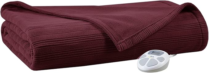 Serta Travis Fleece Ultra Soft Tri-Rib Textured Electric Blanket, Cozy and Snuggly Cover Fast Heating for Cold Weather, Auto Shut Off, Multi Heat Setting Controller, Queen, Berry Red