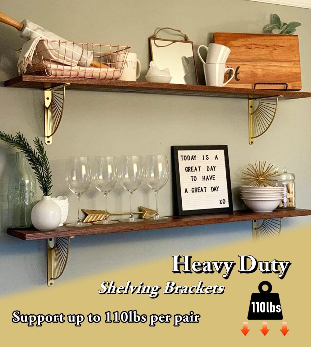 Z METNAL Decorative Shelf Brackets, Brass Metal Shelves Bracket, Wall Decor, Modern Shelving Bracket for DIY Floating Shelves,Gold,6 inch,4 Pcs