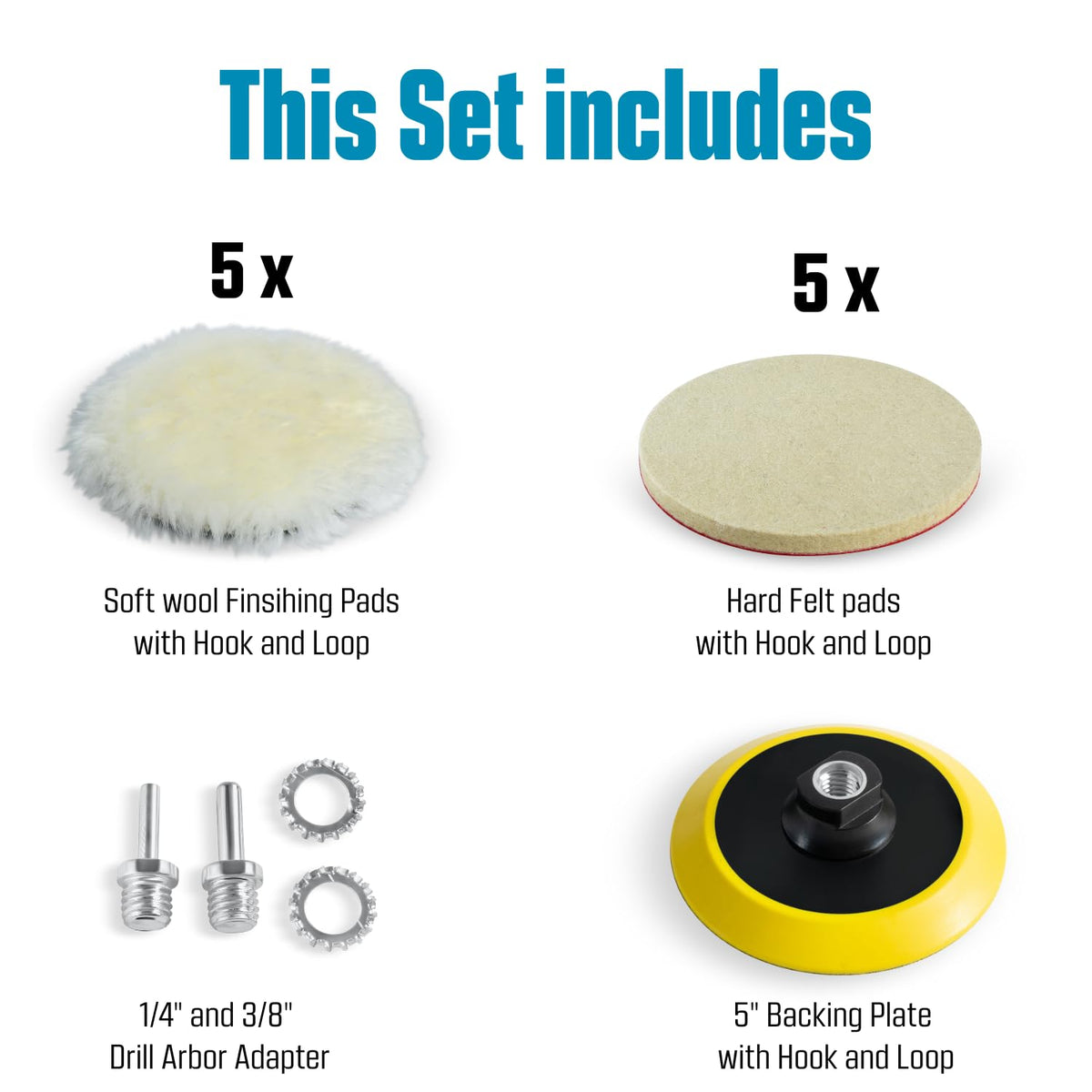 5 Inch Wool Polishing Kit for Drill or Angle Grinder or Orbital (10 Count)