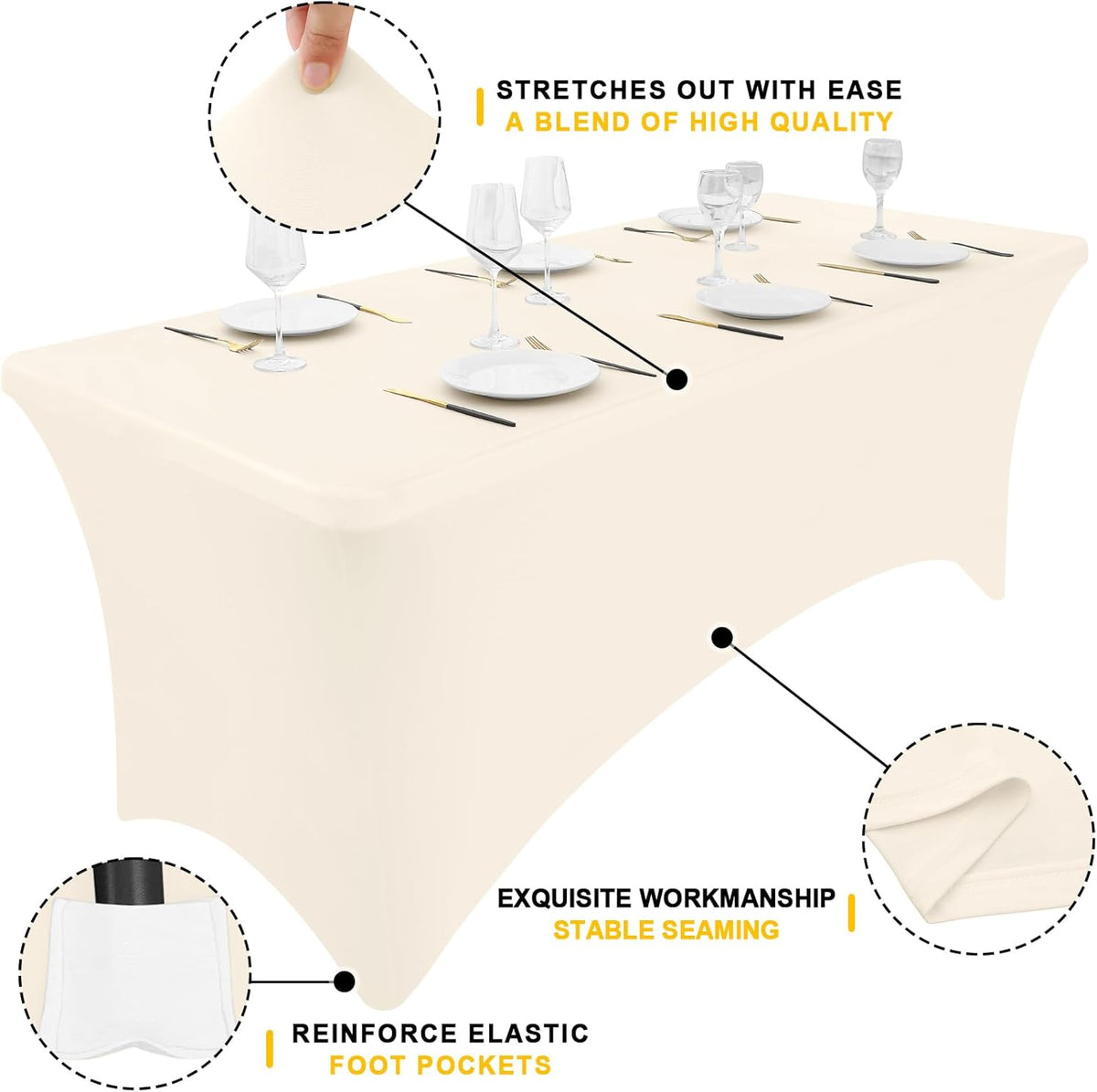 Smiry 2 Pack Spandex Table Cloth 5FT, Elastic Fitted Stretch Tablecloths, Washable and Wrinkle Free Rectangular Patio Table Cover for Outdoor, Wedding, Banquet & Parties (Beige, 60Lx30Wx30H Inch)