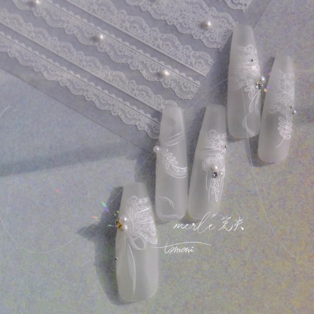 White Lace Nail Stickers 5D Embossed Pearls – Premium Salon-Quality Nail Charm Accessories, Easy Application & Self-Adhesive Rhinestones Pearl for DIY Manicure, Nail Art, Press on, Home or Salon Use