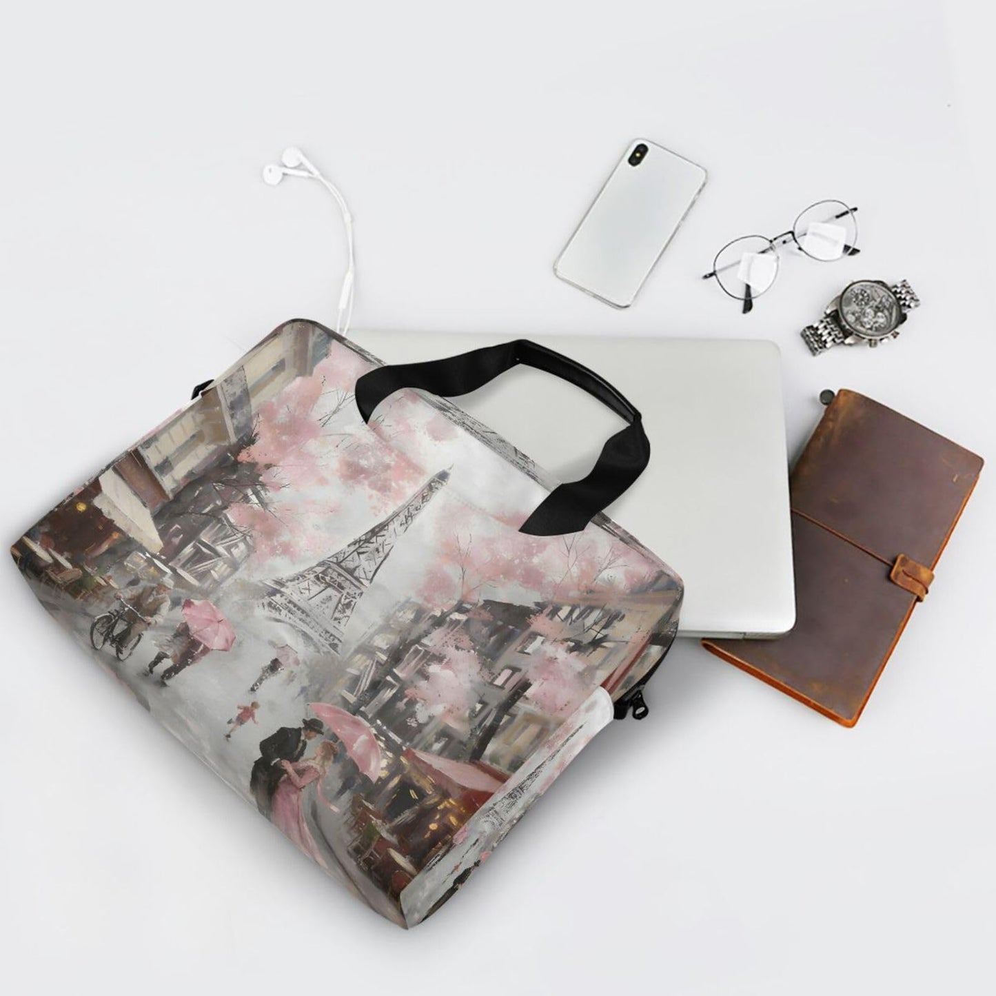 ALAZA Art Paris Eiffel Tower Laptop Case Bag Sleeve Portable Crossbody Messenger Briefcase w/Strap Handle, 13 14 15.6 inch