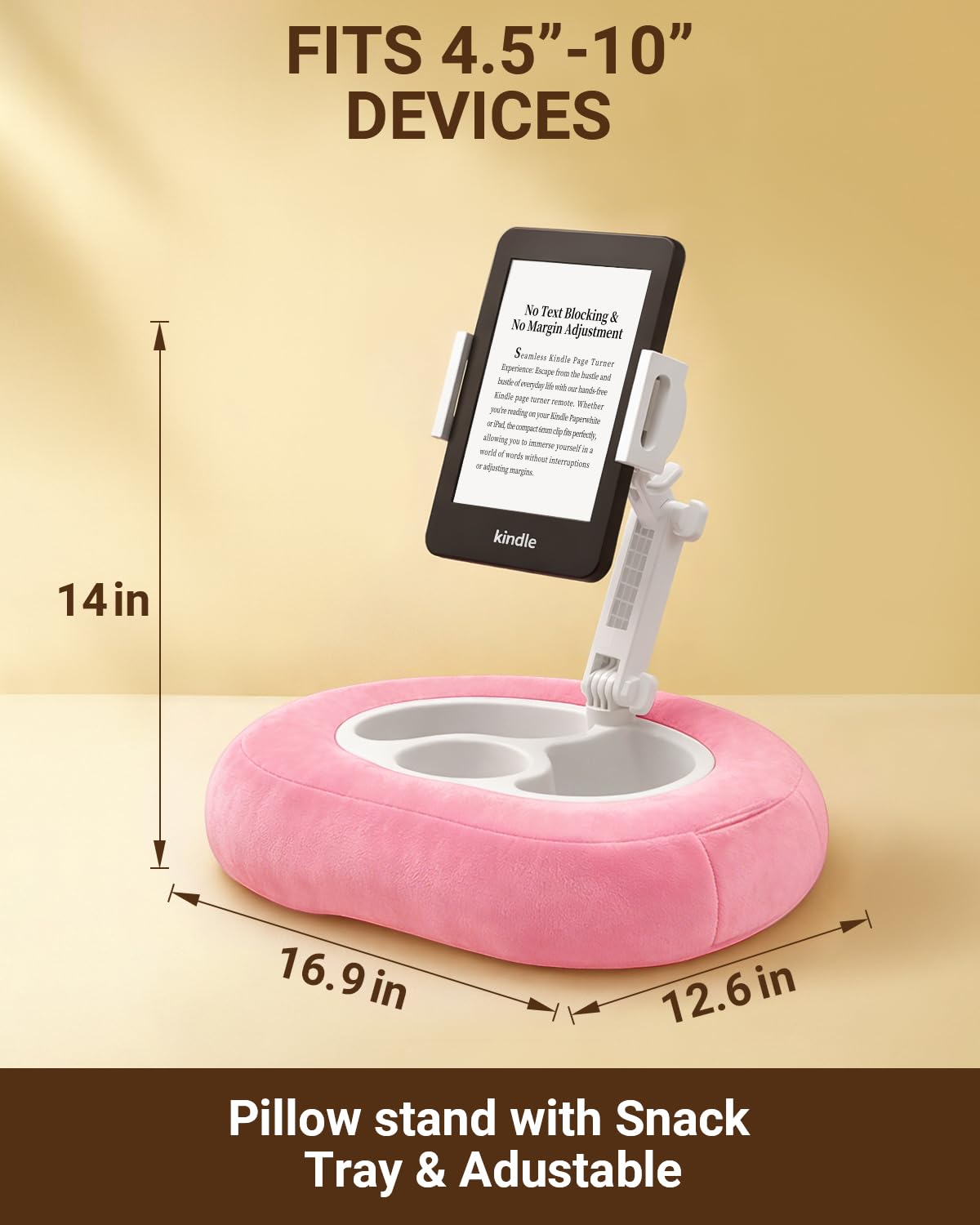 Tablet & Kindle Pillow Stand for Bed, Adjustable iPad Holder for Couch and Lap with 2 Snack Bowls, Cup Holder, 50 Disposable Liners and Washable Cover, Pink