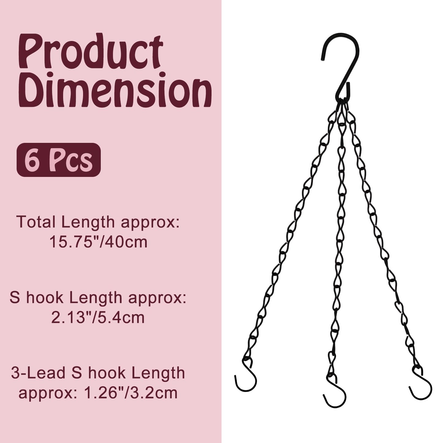 suiwotin 6pcs 16 Inch Hanging Basket Chains 3 Point, Black Chain with Hooks for Hanging Plants, Flower Pot