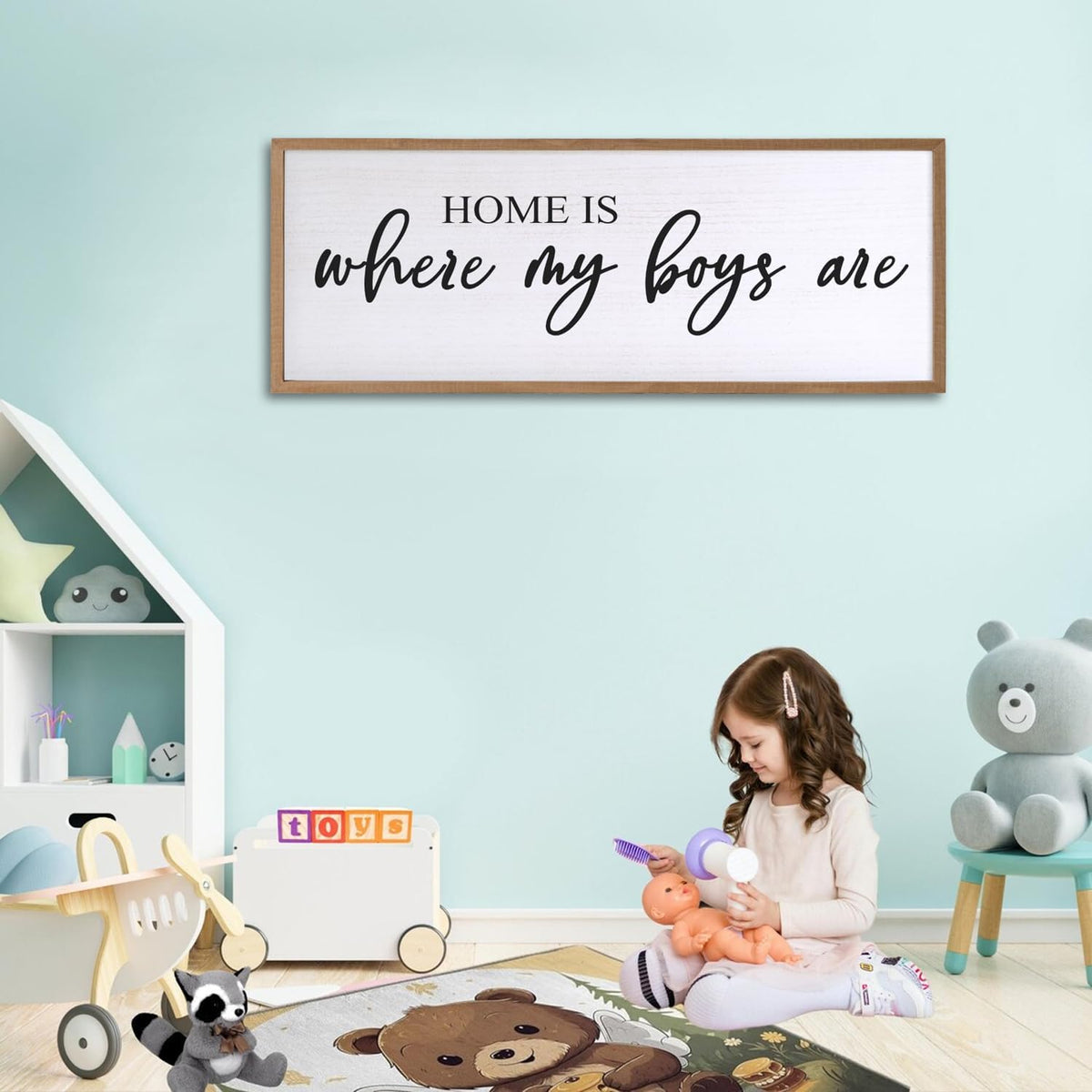 Home is Where My Boys are Sign Framed Wall Art, 40''×15'' Rustic Horizontal My Son Plaque with Natural Frame for Baby Kid Boy Son Teen Toddlers Room, Horizontal Mom of Boys Gifts Nursery Decor
