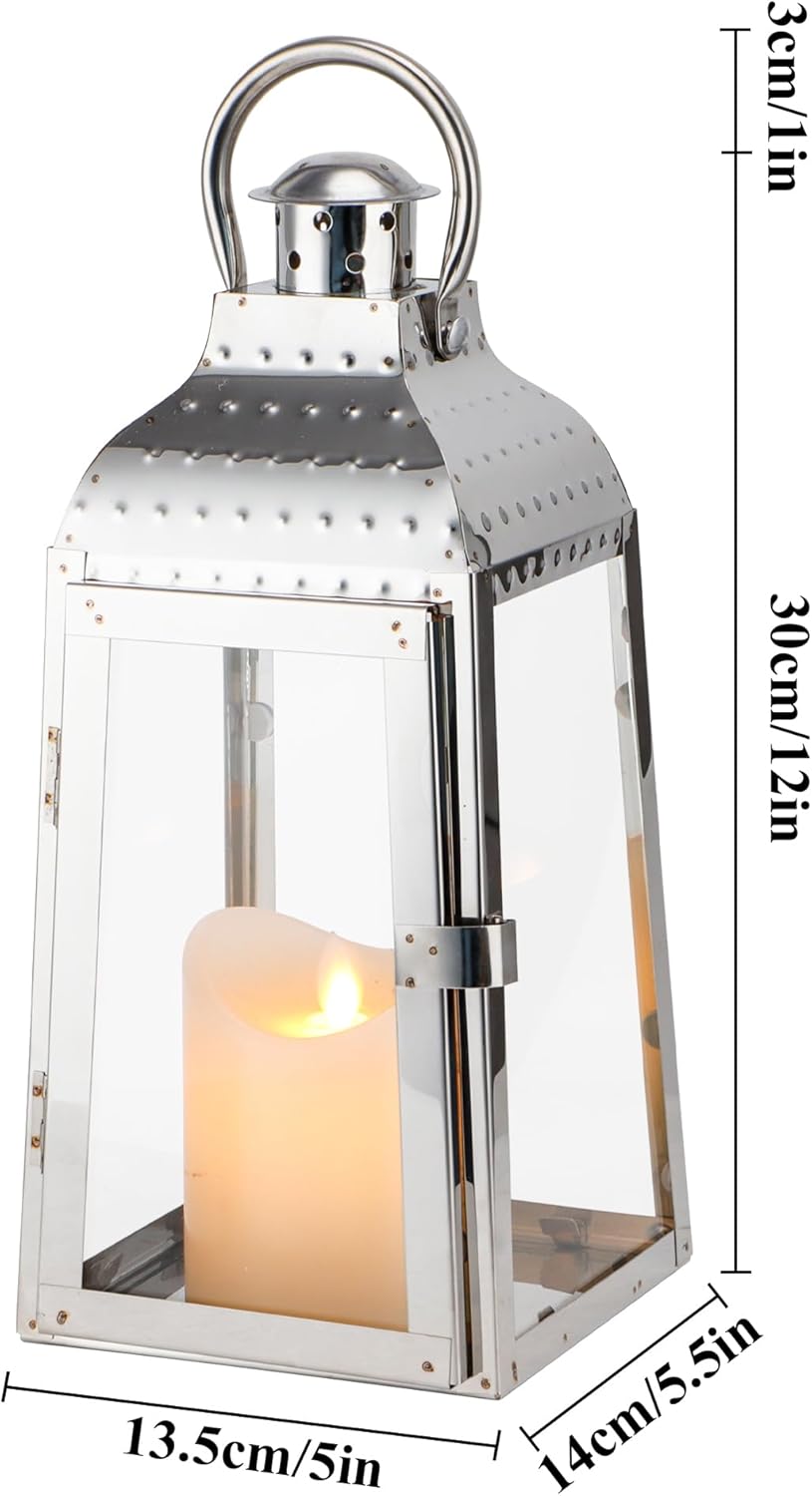 TRIROCKS Stainless Steel Candle Lanterns 12''H Decorative Candle Holders with Tempered Glass for Indoor Outdoor Porch Garden Parities and Wedding(Silver)
